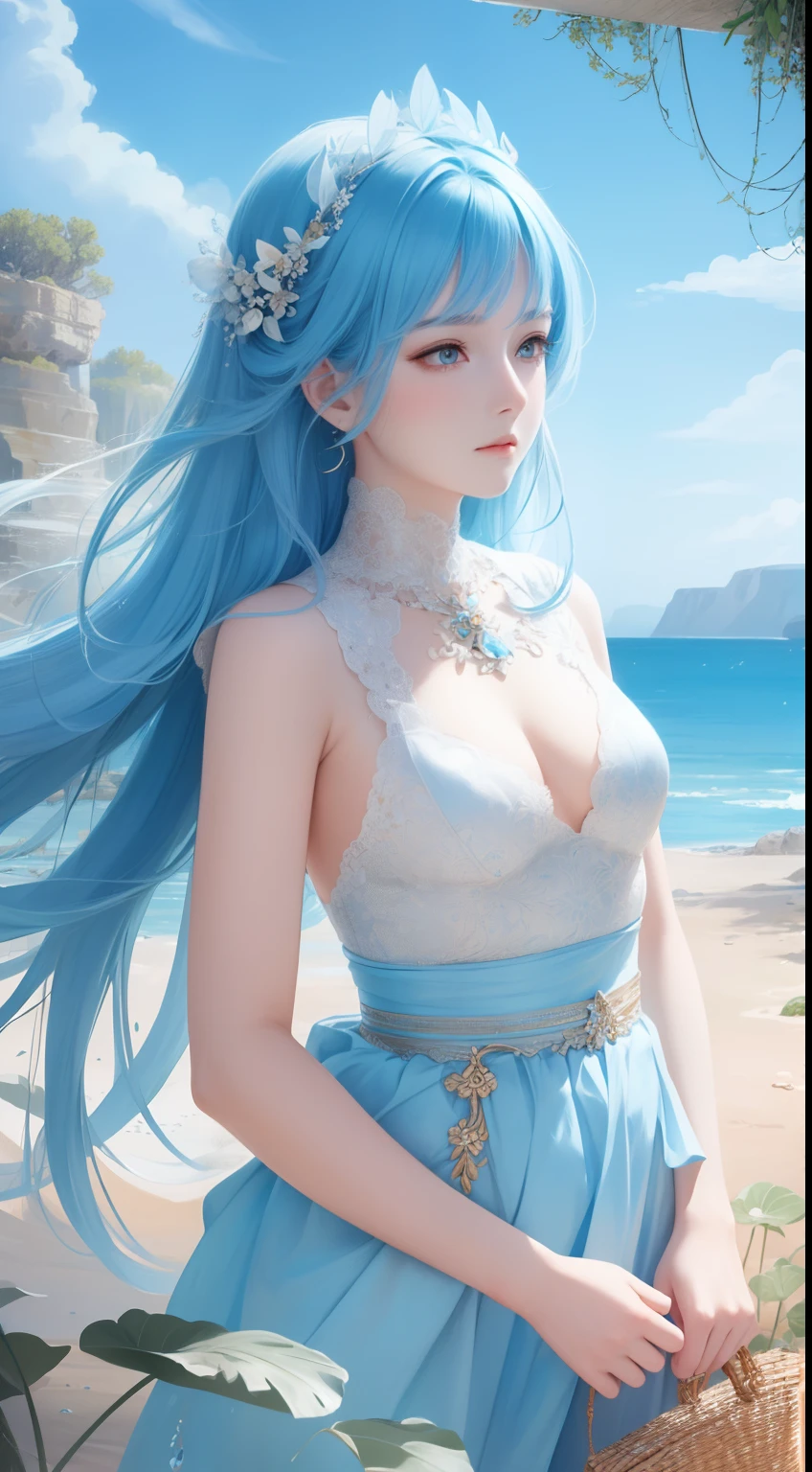 Beautifully drawn, High quality, Ultra-detailed CG illustration of a young woman with a calm expression, Gaze into the distance，His striking light blue hair fluttered gently in the desert breeze. The landscape behind him is vast and breathtaking, Transports viewers to a world of wonder and exploration.