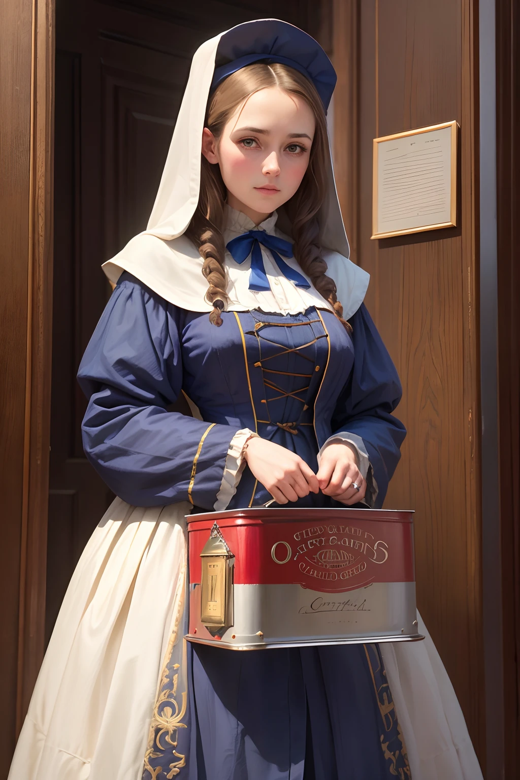 there is a tin can with a picture of a woman holding a box of chocolate, droste effect, capirote, chaste, stunning image, restored, by Orshi Drozdik, set in 1 8 5 0, by Edward Otho Cresap Ord, II, 1 8 9 0 s, 1890s, detailed image