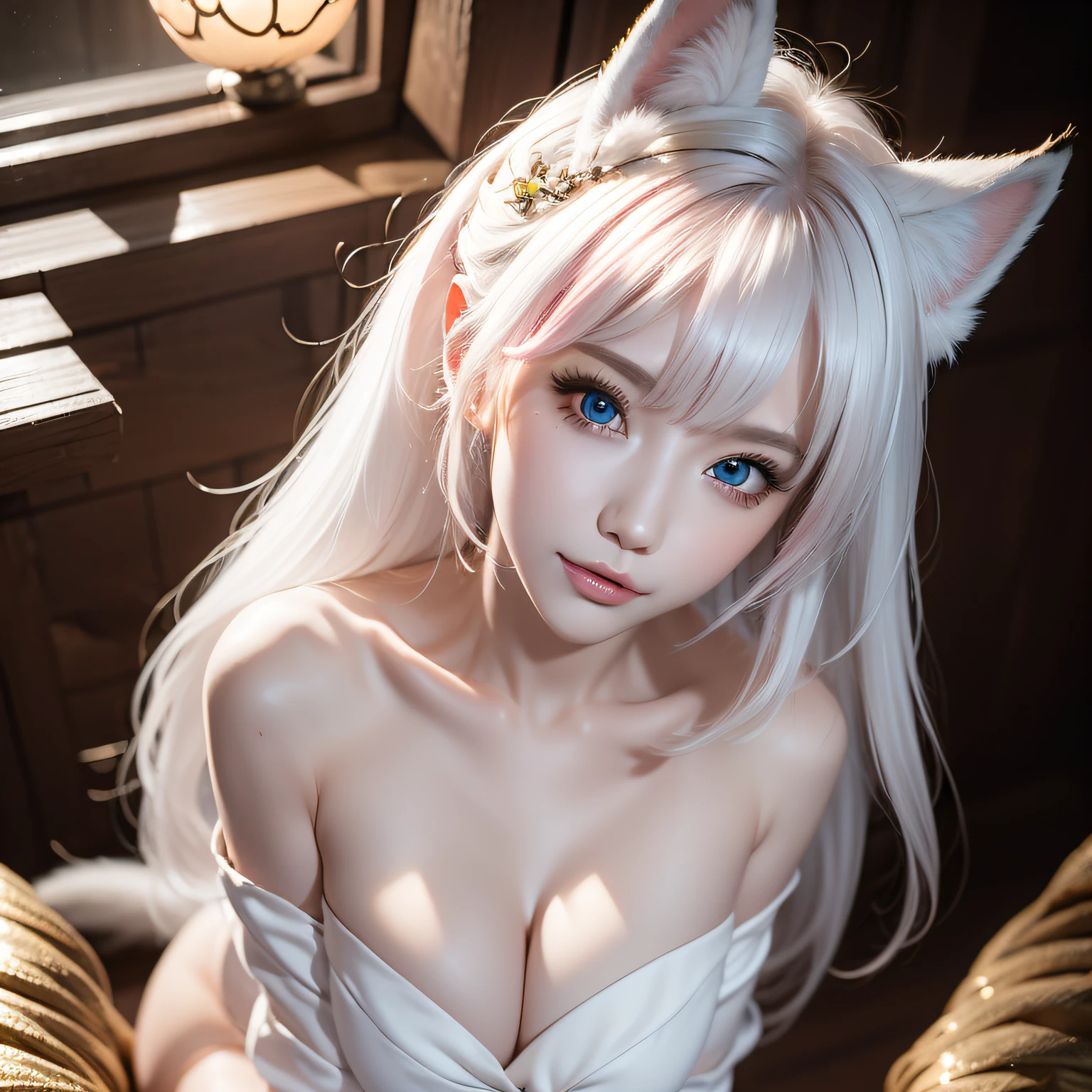 Full body, (Naked:1.5), Two Miss Fox Demons,Fox Devil Fox Years White Hair Girl,Sexy and feminine,Fluffy fox ears,fox tails,No ears,reddish tones,The beauty of fox ears alone,Cover chest,Clan girls,Fox's eye,Enchanted,Charming,16 K, best qualtiy, tmasterpiece, Raised sexy, Highly detailed face and eyes, professional make up, ,, glow blue eyes,Pink-haired girl with fox ears、Camera angle from above、Looking here、