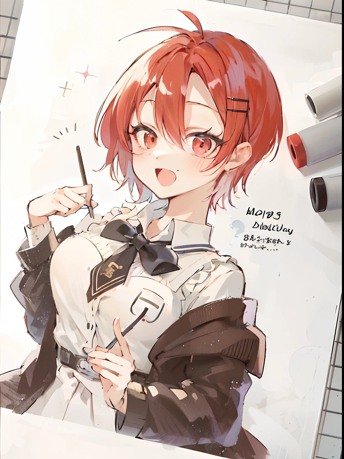 Anime character drawing of a woman with red hair and a bow tie, clean and meticulous anime art, traditional drawing style, lovely art style, clean anime art, Anime Paintings, an anime drawing, japanese anime artist drawn, anime style drawing, Anime style portrait, beautiful drawing style, in an anime style, high quality colorful sketch, clean and meticulous anime style, Mihoyo art style