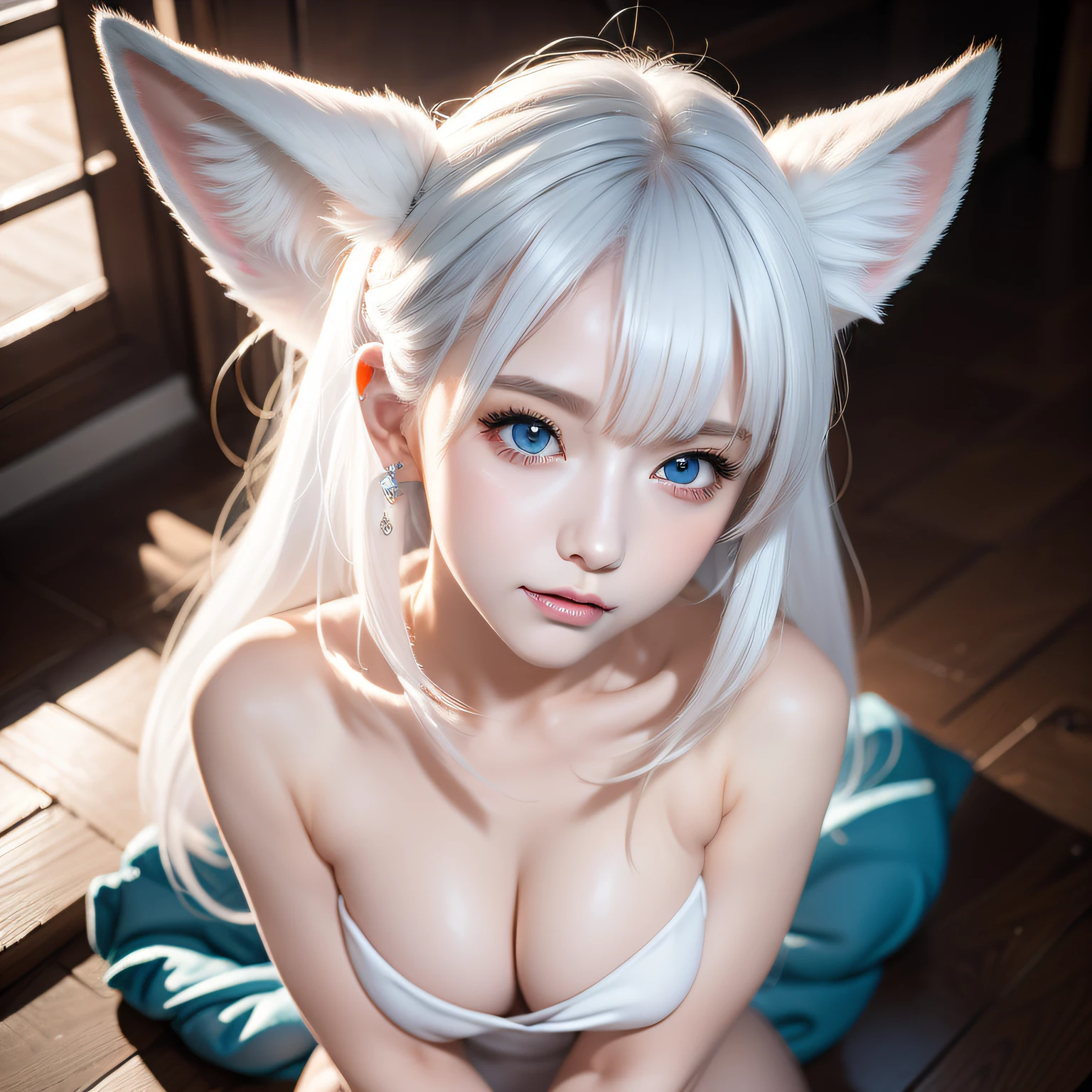 Full body, (Naked:1.5), Two Miss Fox Demons,Fox Devil Fox Years White Hair Girl,Sexy and feminine,Fluffy fox ears,fox tails,No ears,reddish tones,The beauty of fox ears alone,Cover chest,Clan girls,Fox's eye,Enchanted,Charming,16 K, best qualtiy, tmasterpiece, Raised sexy, Highly detailed face and eyes, professional make up,blue eyess ,, glow blue eyes,Pink-haired girl with fox ears、Camera angle from above、Looking here、