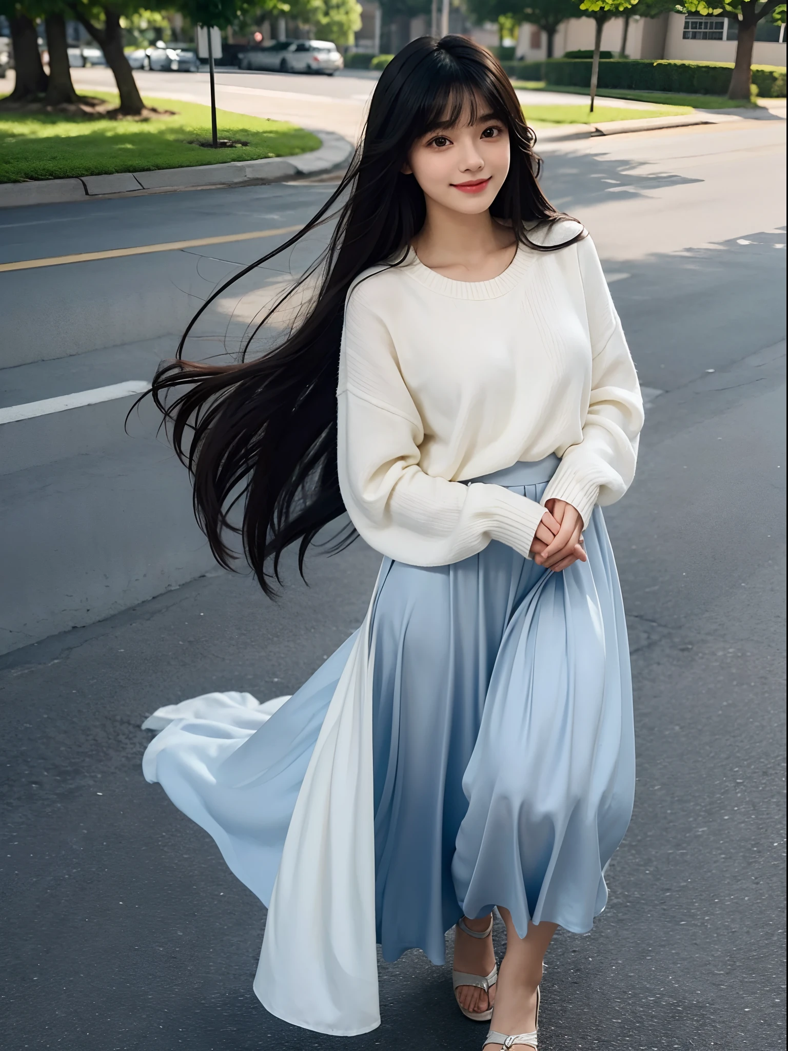 top-quality、girl with１a person、１4-year-old girl、cute  face、Childish face、Feminine atmosphere、Coquettish smile、Soft lips、tthin eyebrows、eyes are large、cute eye、Very long black hair、Silky long straight hair、Beautiful bangs、Long bangs、Delicate figure、Medium chest、longsl-sleeves sweater、long  skirt、Walkway