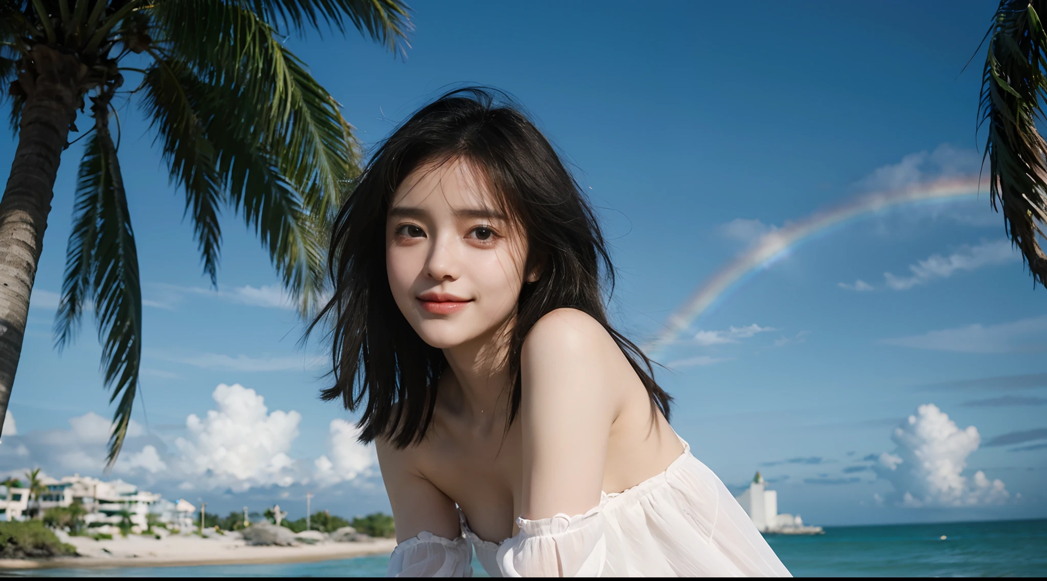 Beautifull waist, -yeld Crian girl, Casual style, blue-sky, Seafront,Large subtropical palm trees, Smile, Cute. Lovely whole body, hazy_light_Background with,colourfull. highly detaild, 8k, digital painting, Popular on Pinterest, Harper's Bazaar(Harper's Bazaar)(Harper's Bazaar(Harper's Bazaar)), concept, fine art, Sharp focus,asian girl,dolphin,Rainbow Sky_Background with