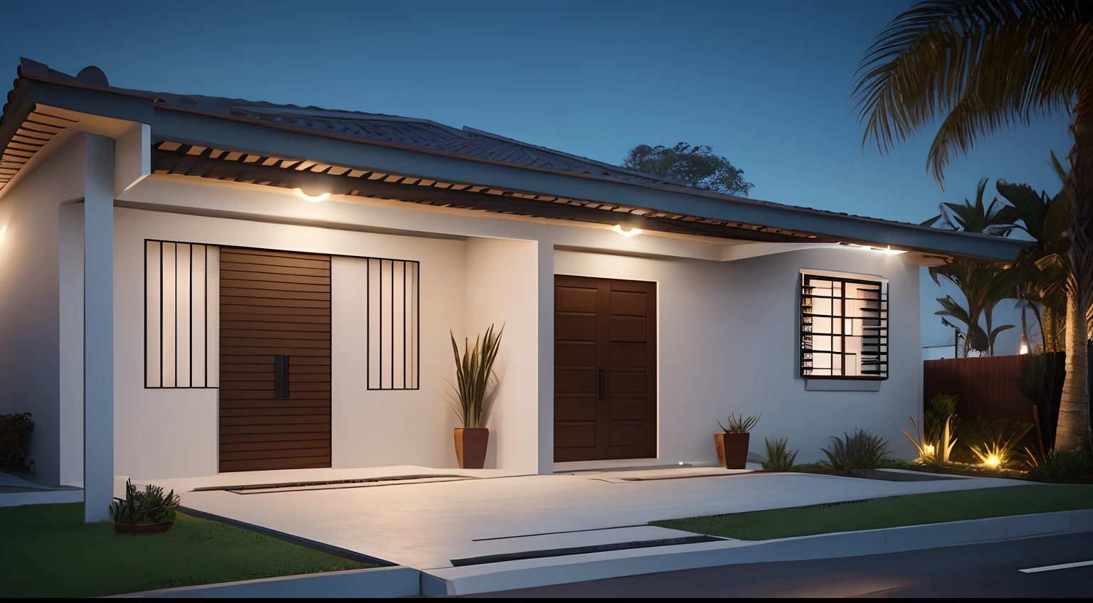 Southwest View, frontal, de uma pequena casa de tijolos, ((estilo moderno)),garagem, porta, janela, ((varanda na frente com cobertura de telhas colonial)),acesso concretado, jardim, night ligthning, Lumion Pro rendering, cinematic quality