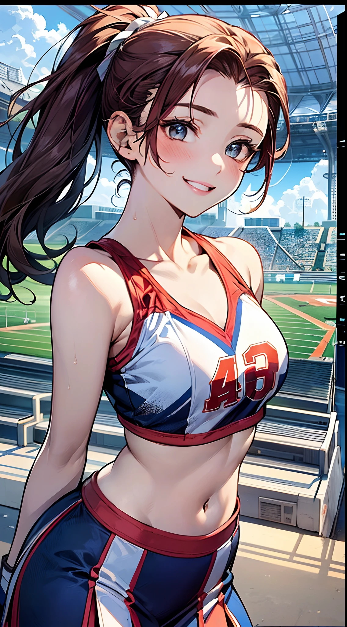 1 girl, japanese, , white skin, medium chest, underboob, watching the view, (adorable smiling:1.5), 
beautiful detailed eyes, wink, (middle hair:1.4, hair slicked back, sport ponytail:1.7), (navel:1.1), brown hair, beautiful clavicle,
(blue and red and white current cheerleader style:1.5), sports top exposed in the center, jumping, 
(beautiful scenery), day time, (stadium:1.5), 
(8k, top-quality, masterpiece​), beautiful illustration, cowboy shot,