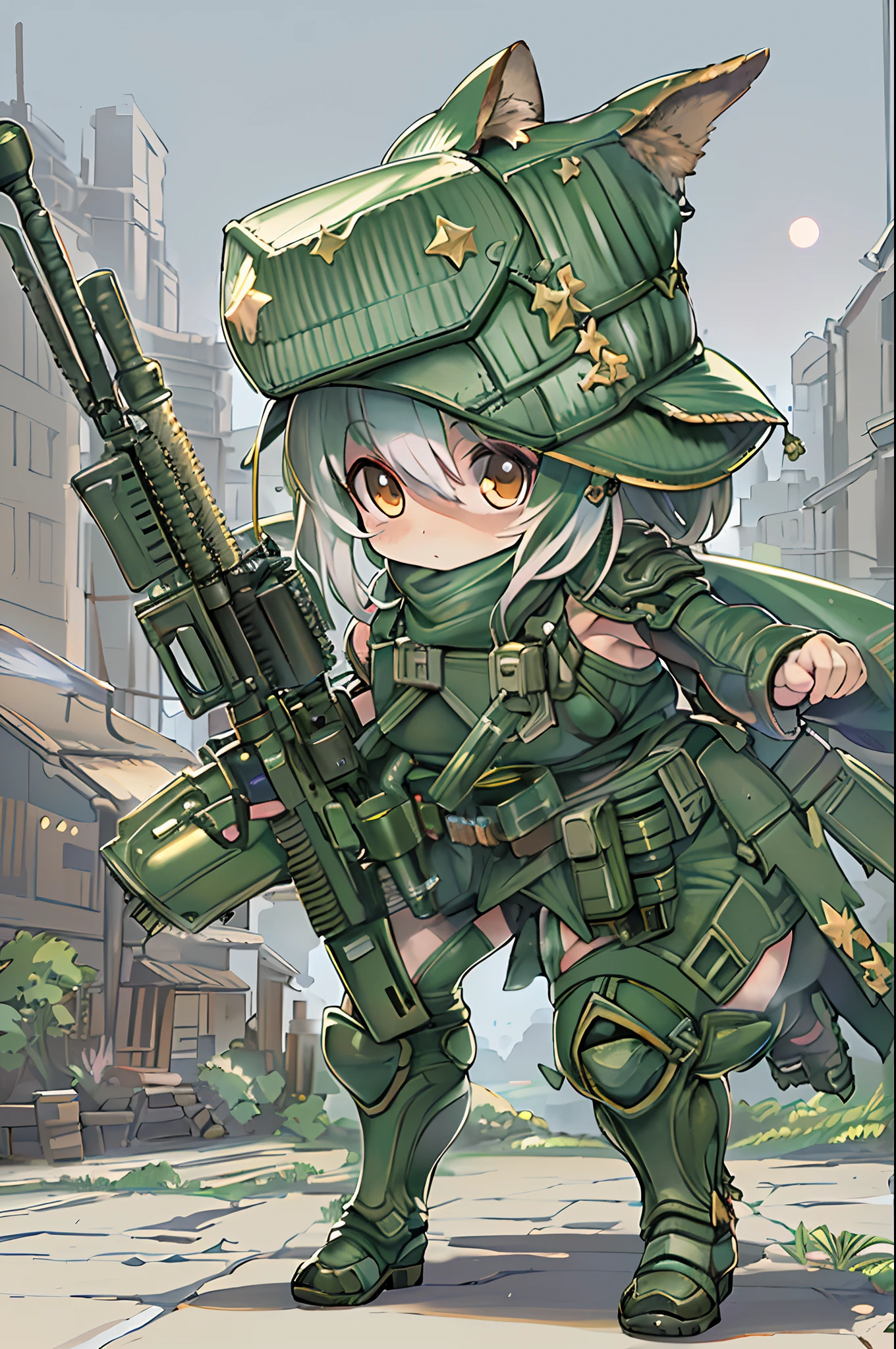 tabletopＲＰＧ、high-detail、(（tchibi：1.2）、Fairy Sniper Night、Sniper rifle lance with a thin and long barrel、outside of house、various colors、thick arms、Thick armored cover thighs、Reinforced armored body、Slim Massive)、Incolor White、Crouching,in fighting