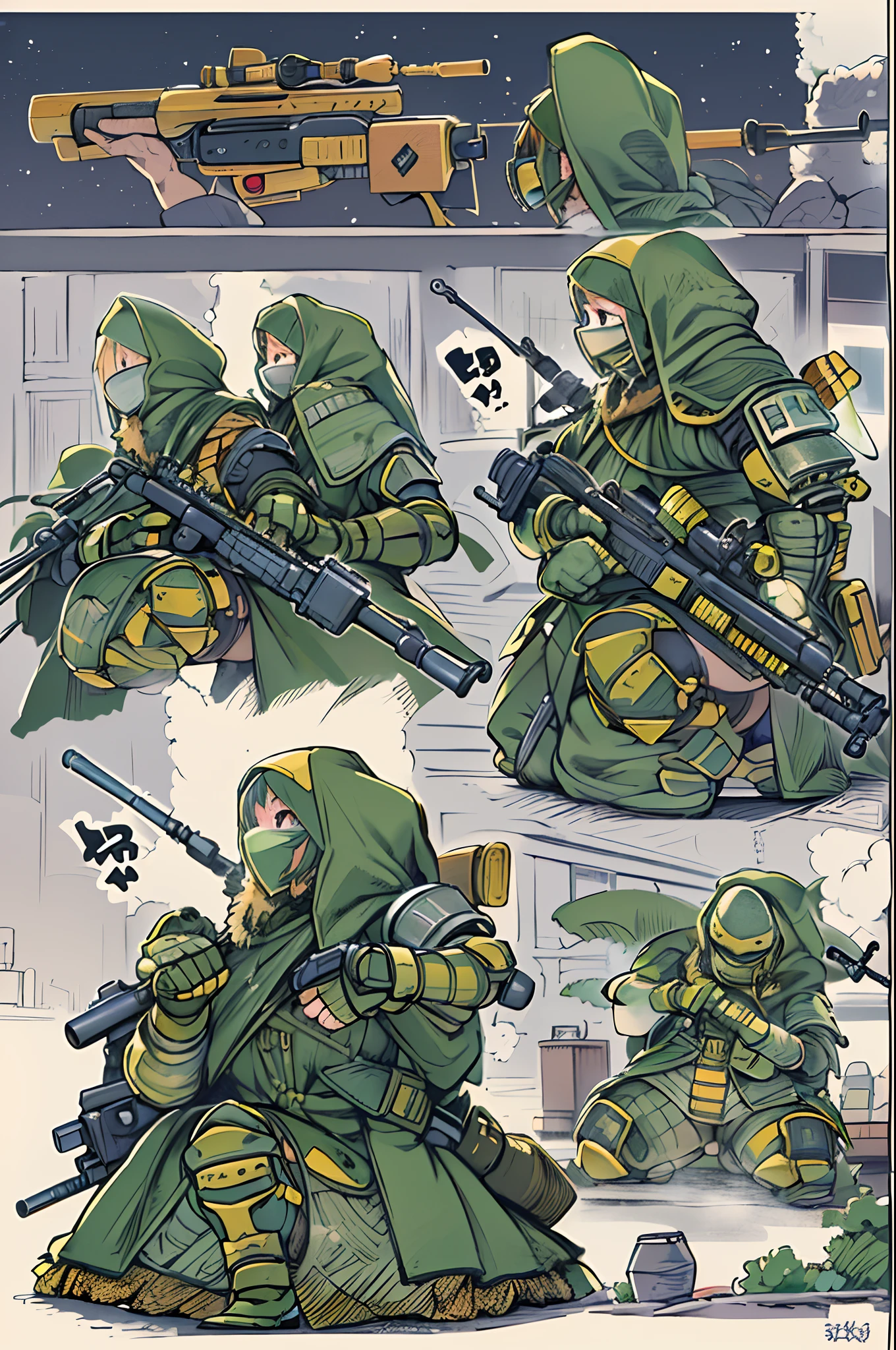 tabletopRPG、high-detail、((tchibi:1.2)、Fairy Sniper Night、Sniper rifle lance with a thin and long barrel、outside of house、various colors、thick arms、Thick armored cover thighs、Reinforced armored body、Slim Massive)、Incolor White、Crouching,in fighting