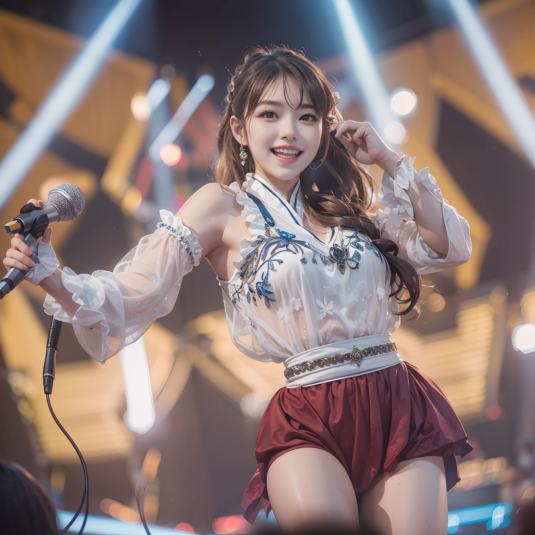 Realistic, Photorealistic, Masterpiece, Best Quality, One Girl, Solo, In the Stage, Stage Lighting, Stage Spotlight, Look At Audience, Smile, idol_singing_costume, (pureerosface_v1:0.8),Korean Idol,Nogizaka Idol,Actress,Gravure Idol