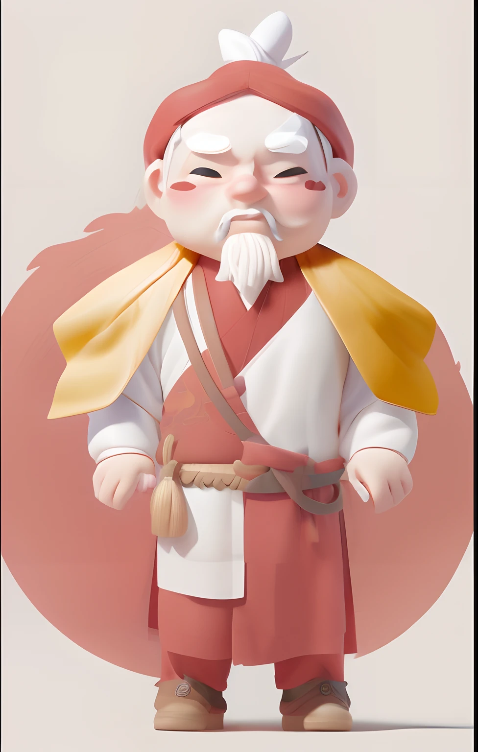 Bubble Mart blind box style, a cartoon illustration, Kind ancient Chinese farmer, A kind smile,Use a red bandana to tie your hair up, Wearing traditional Chinese red Hanfu, Draped in a large yellow shawl, Reddens Nose, Little white beard, Kind smell, Wear brown pants, Black shoes, Clay model, Front view, full bodyesbian, 3D animation style character design, Soft light, Clean background, White background, Wide space background, Ultra-high detail, High quality, 3D rendering of