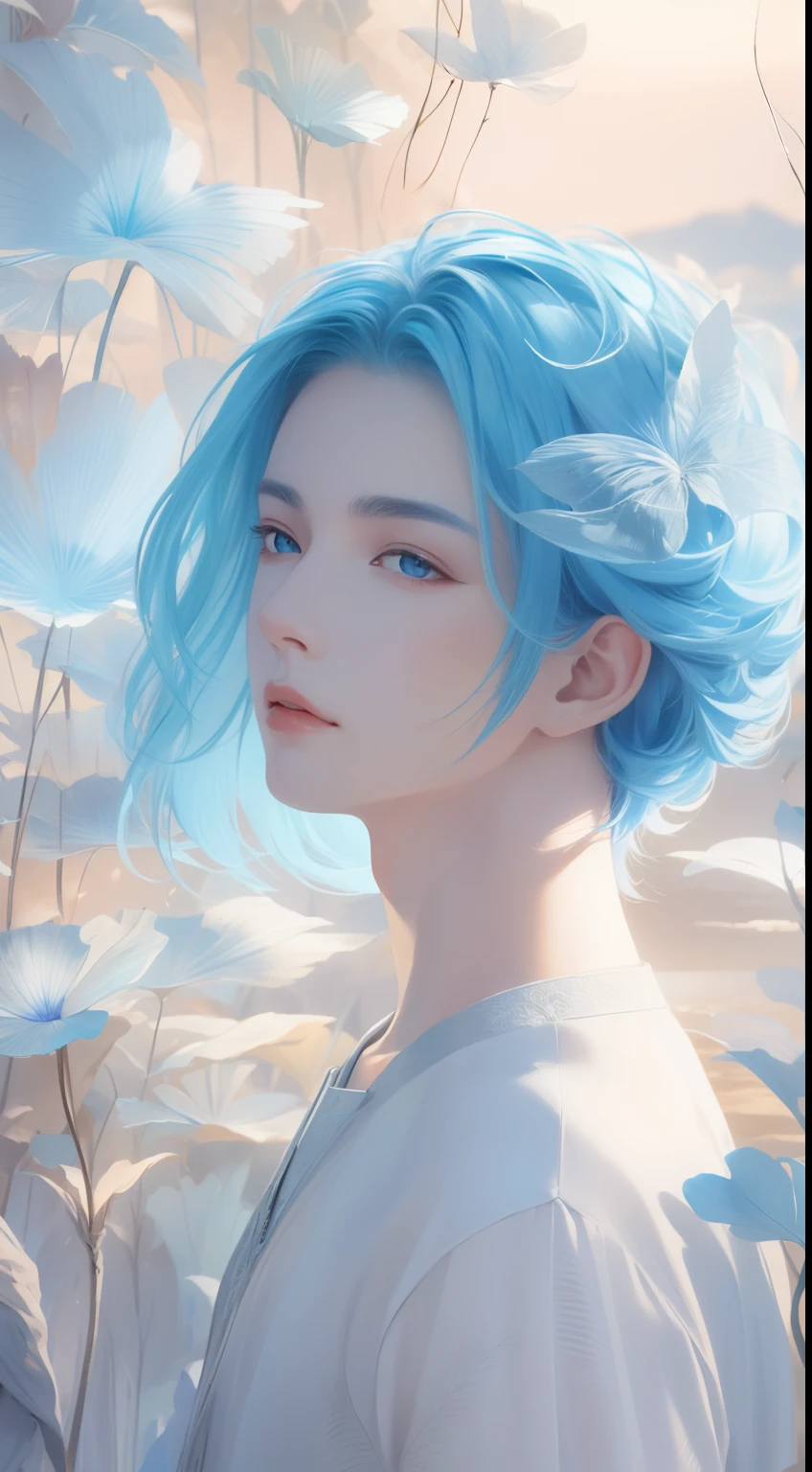 Beautifully drawn, High quality, Ultra-detailed CG illustration of a young man with a calm expression, Gaze into the distance,His striking light blue hair fluttered gently in the desert breeze. The landscape behind him is vast and breathtaking, Transports viewers to a world of wonder and exploration.