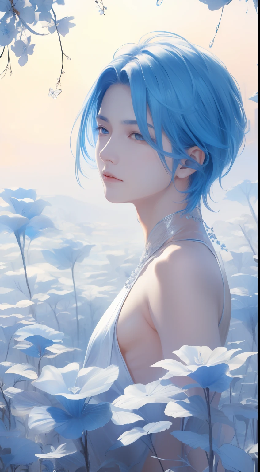 Beautifully drawn, High quality, Ultra-detailed CG illustration of a young man with a calm expression, Gaze into the distance，His striking light blue hair fluttered gently in the desert breeze. The landscape behind him is vast and breathtaking, Transports viewers to a world of wonder and exploration.