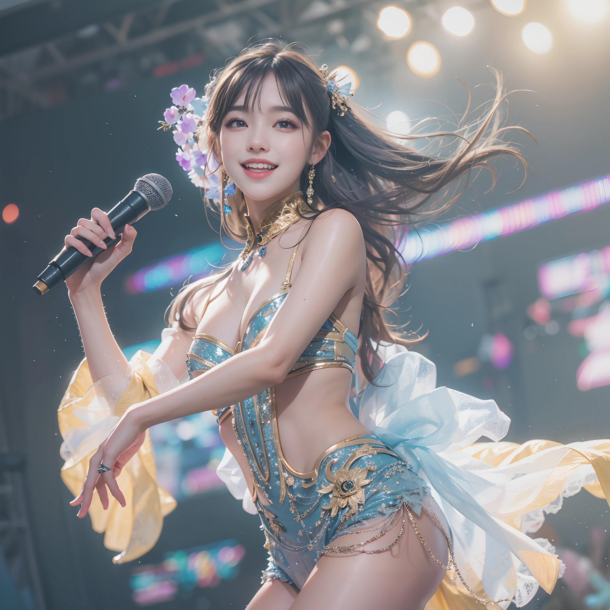 8k, highest quality, high resolution, realistic, real person, live stage with a large audience, one girl, young and cute korean idol, ((KARA)), big, long and beautiful legs, dancing violently in various poses while smiling on stage, holding microphone in hand, revealing gorgeous costume, beautiful light up