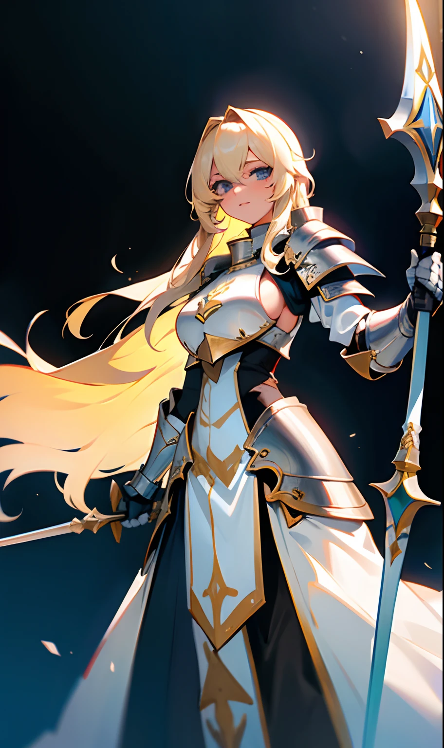 30 year old girl with medium boobs long blonde hair wearing white paladin armor while holding a huge spear in her right hand