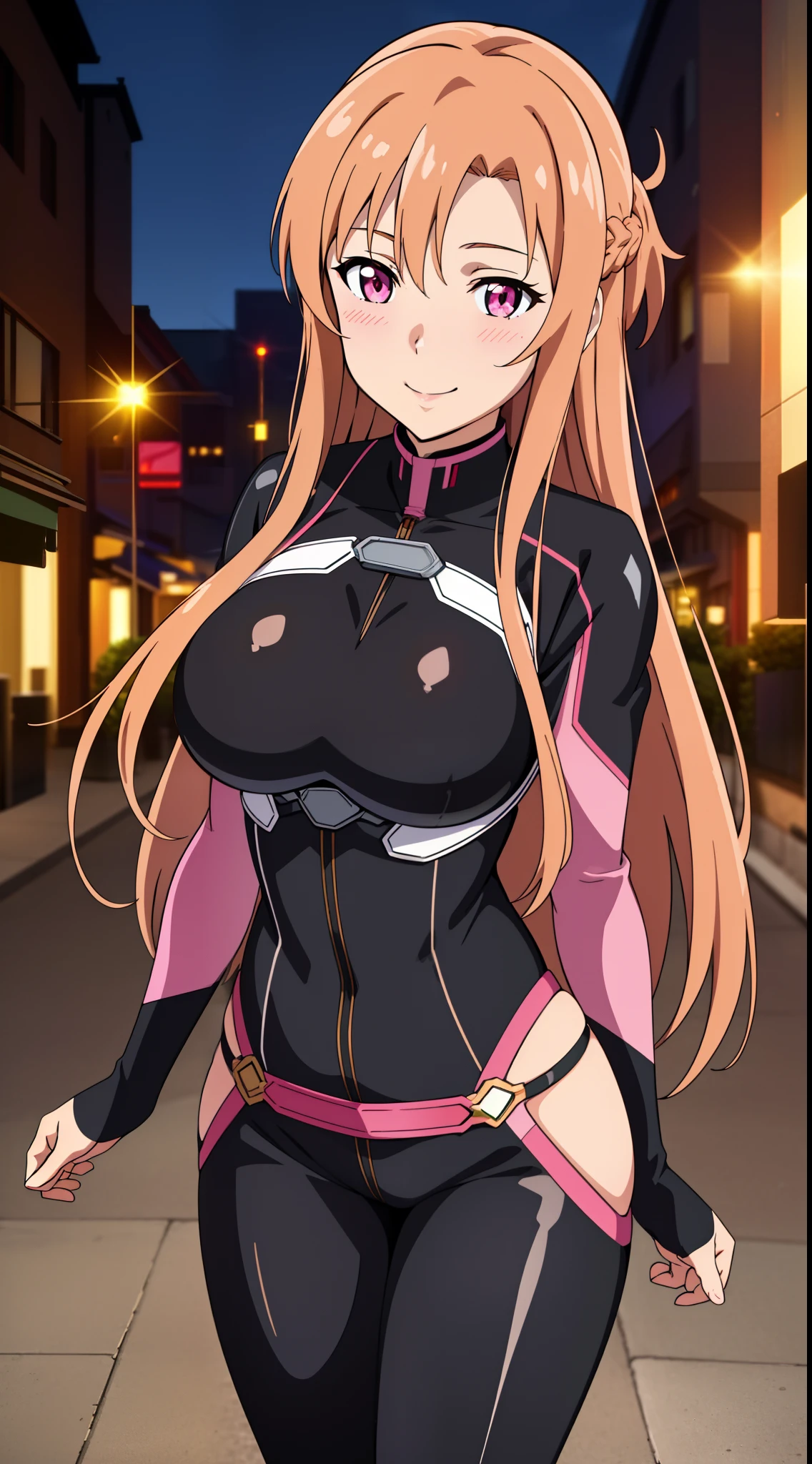 (best quality:1.5, highres, UHD, 4K, detailed lighting, shaders), asuna yuuki, light brown long hair, busty, black bodysuit, sexy, standing, smiling, street background, pink eyes, (pov, close shot, blushing:1.1)