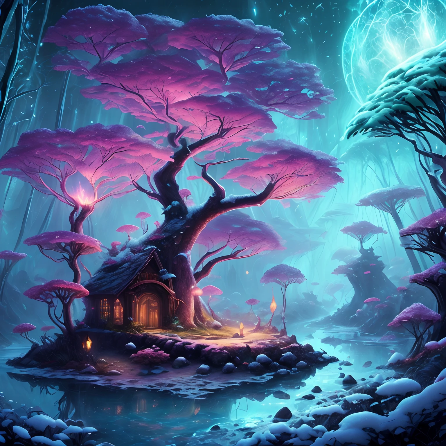 tmasterpiece，Best quality at best，high high quality，extremely detaile，8K，Fantastic snow and ice jungle，Colorful ice magic，glowing sprites，Natural elements in the forest theme，Colorful snow and ice jungle，Epic fantasy art style，Delicate leaves and branches are surrounded by fireflies（nature elements），（Jungle theme），（Foliage），（tree branch），（glowworm），（Particle effect）and other 3D， Octane rendering，Ray traching，Super meticulous，Depicting the harmony between man and nature, Epic fantasy art style, Epic fantasy art style HD, Epic fantasy digital art style, by Yang J, trending on artstation pixiv, Anime fantasy illustration, Beautiful ancient frost, Arte conceitual de inverno,