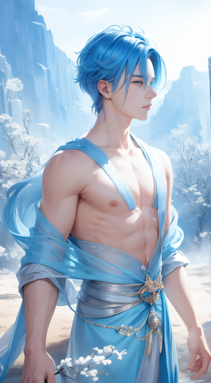 Beautifully drawn, High quality, Ultra-detailed CG illustration of a young man with a calm expression, Gaze into the distance,His striking light blue hair fluttered gently in the desert breeze. The landscape behind him is vast and breathtaking, Transports viewers to a world of wonder and exploration.