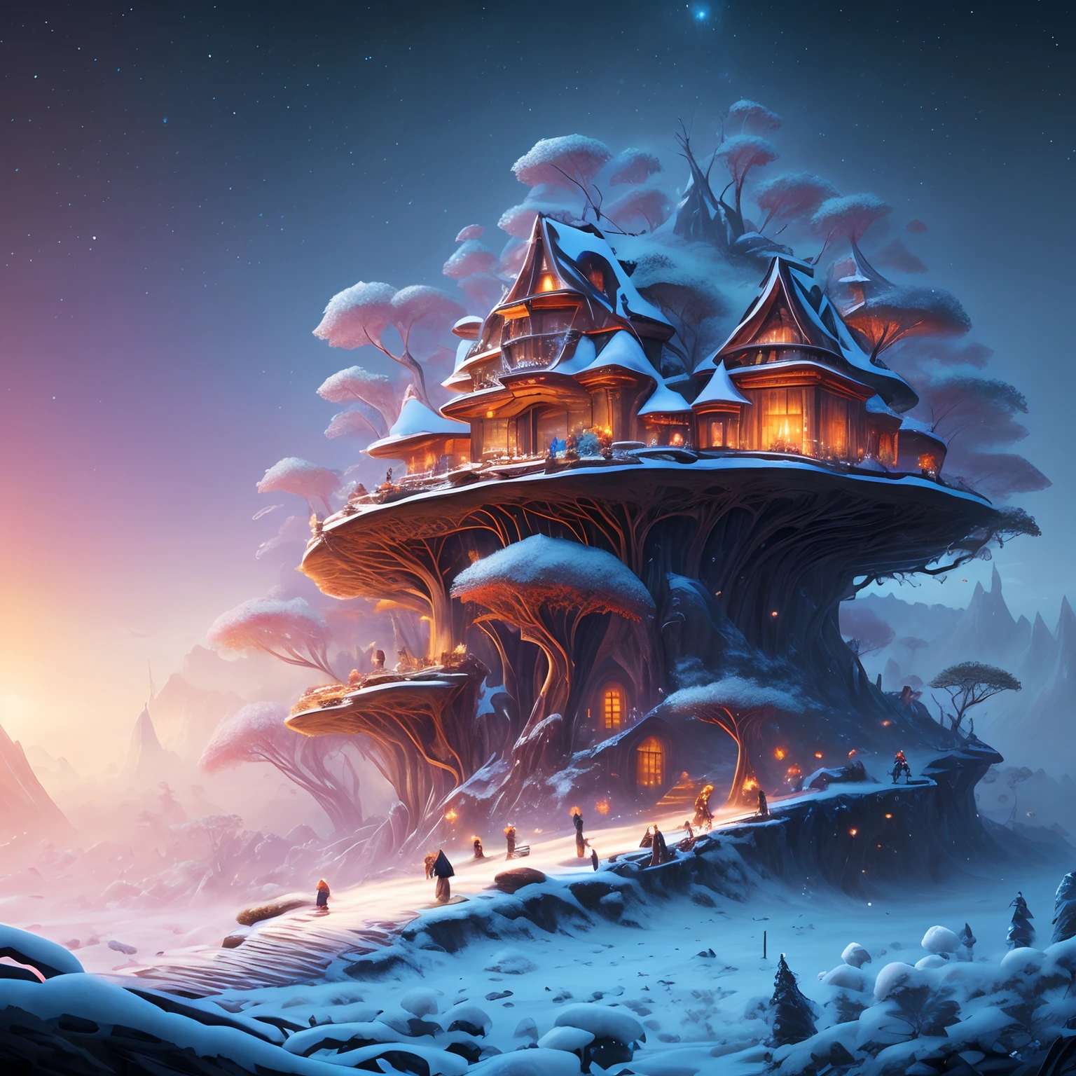 tmasterpiece,Best quality at best,high high quality,extremely detaile,8K,Fantastic snow and ice jungle,Colorful ice magic,glowing sprites,Natural elements in the forest theme,Colorful snow and ice jungle,Epic fantasy art style,Delicate leaves and branches are surrounded by fireflies(nature elements),(Jungle theme),(Foliage),(tree branch),(glowworm),(Particle effect)and other 3D, Octane rendering,Ray traching,Super meticulous,Depicting the harmony between man and nature, Epic fantasy art style, Epic fantasy art style HD, Epic fantasy digital art style, by Yang J, trending on artstation pixiv, Anime fantasy illustration, Beautiful ancient frost, Arte conceitual de inverno,