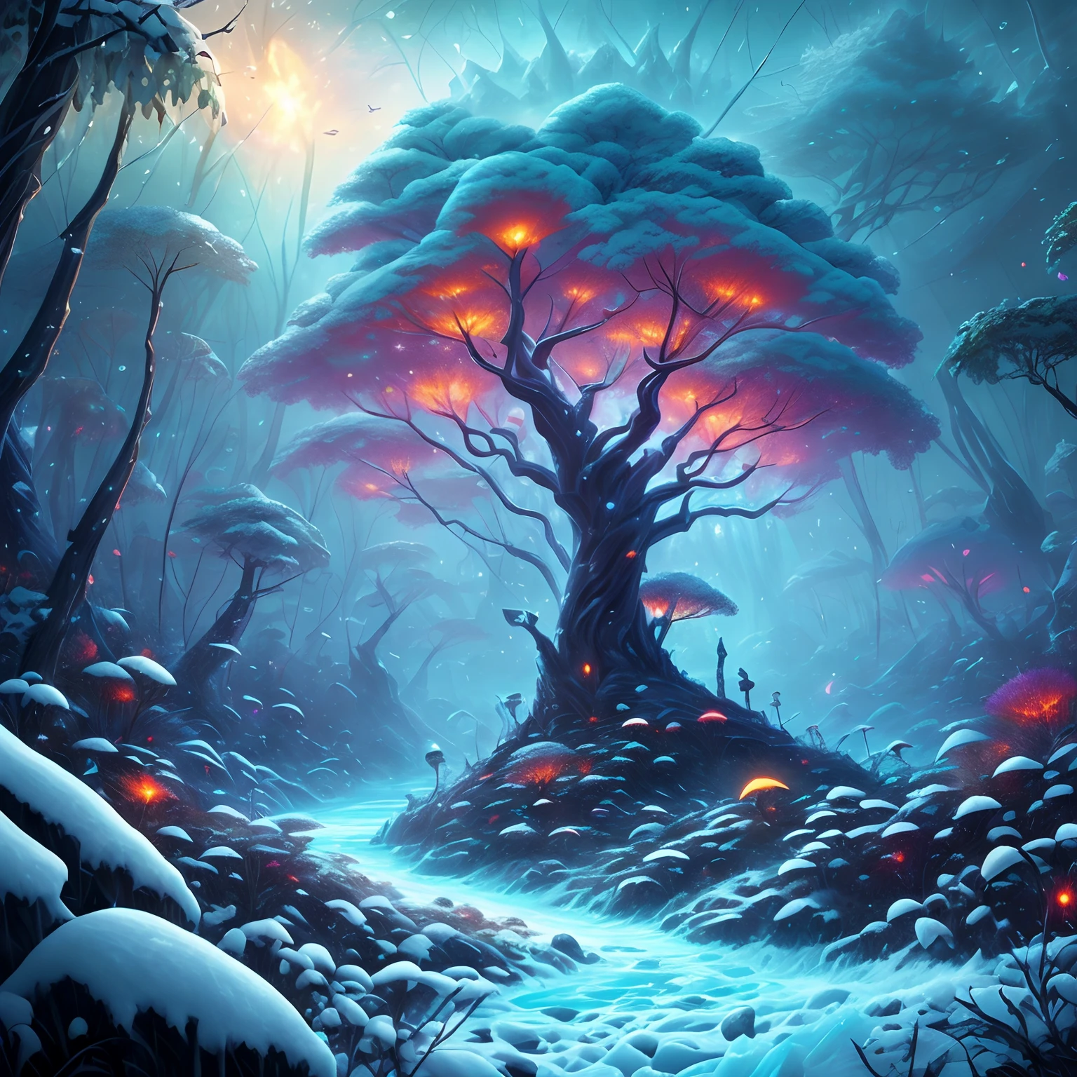 tmasterpiece，Best quality at best，high high quality，extremely detaile，8K，Fantastic snow and ice jungle，Colorful ice magic，glowing sprites，Natural elements in the forest theme，Colorful snow and ice jungle，Epic fantasy art style，Delicate leaves and branches are surrounded by fireflies（nature elements），（Jungle theme），（Foliage），（tree branch），（glowworm），（Particle effect）and other 3D， Octane rendering，Ray traching，Super meticulous，Depicting the harmony between man and nature, Epic fantasy art style, Epic fantasy art style HD, Epic fantasy digital art style, by Yang J, trending on artstation pixiv, Anime fantasy illustration, Beautiful ancient frost, Arte conceitual de inverno,
