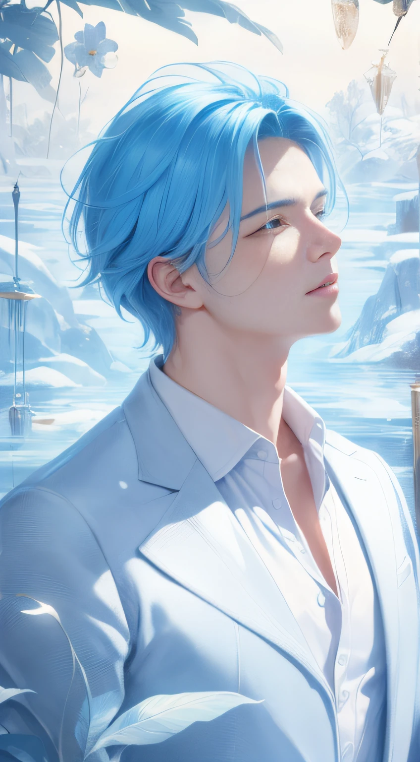 Beautifully drawn, High quality, Ultra-detailed CG illustration of a young man with a calm expression, Gaze into the distance,His striking light blue hair fluttered gently in the desert breeze. The landscape behind him is vast and breathtaking, Transports viewers to a world of wonder and exploration.