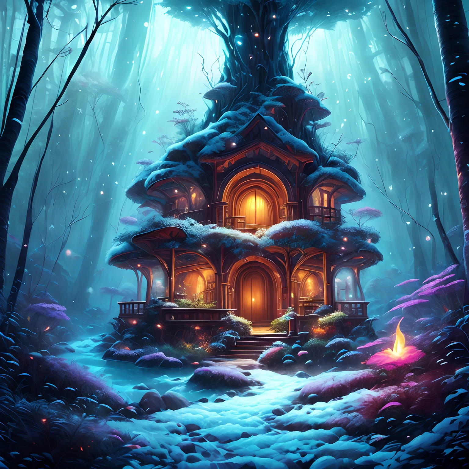 tmasterpiece，Best quality at best，high high quality，extremely detaile，8K，Fantastic snow and ice jungle，Colorful ice magic，glowing sprites，Natural elements in the forest theme，Colorful snow and ice jungle，Epic fantasy art style，Delicate leaves and branches are surrounded by fireflies（nature elements），（Jungle theme），（Foliage），（tree branch），（glowworm），（Particle effect）and other 3D， Octane rendering，Ray traching，Super meticulous，Depicting the harmony between man and nature, Epic fantasy art style, Epic fantasy art style HD, Epic fantasy digital art style, by Yang J, trending on artstation pixiv, Anime fantasy illustration, Beautiful ancient frost, Arte conceitual de inverno,