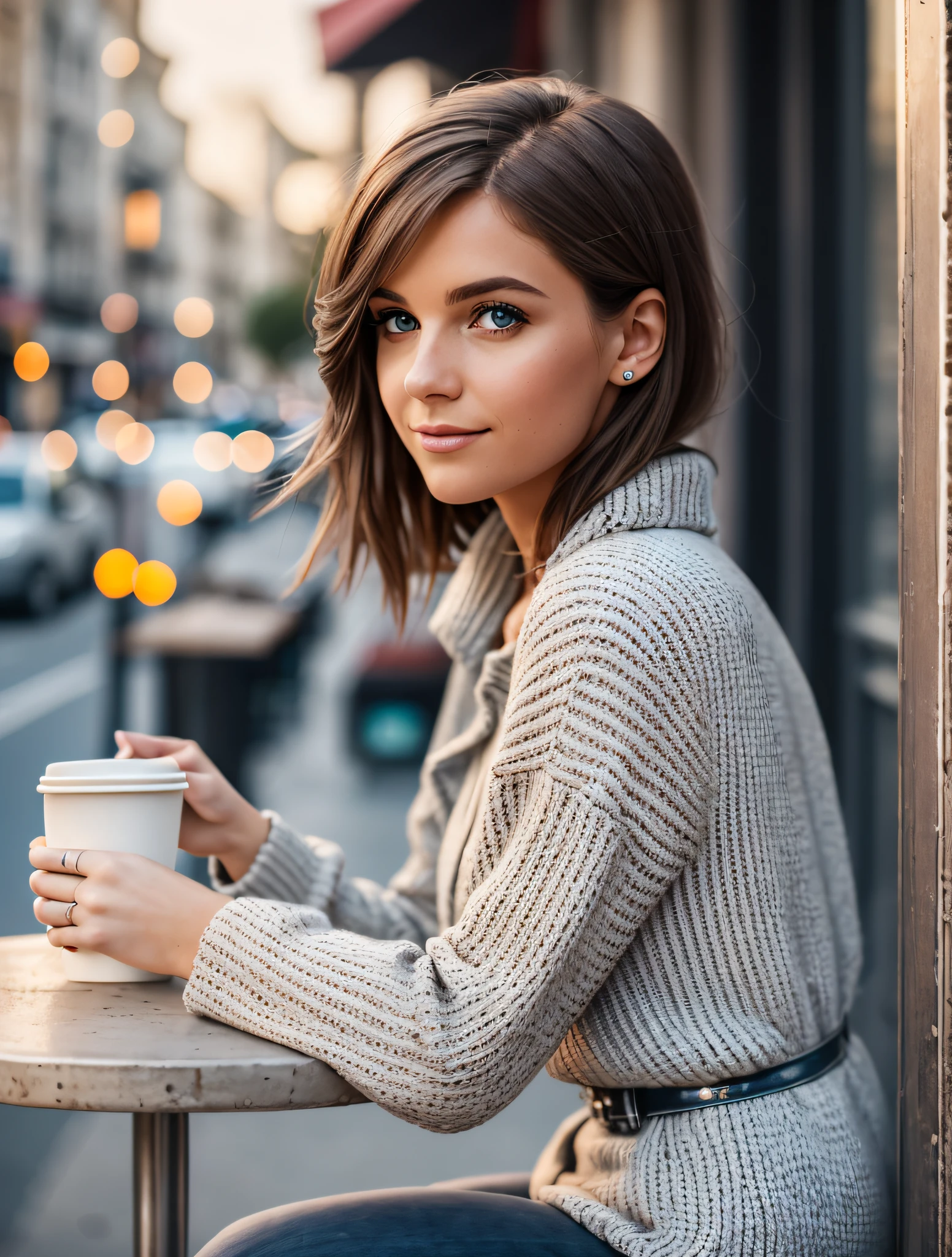 Gorgeous French female sitting and having coffee outside on the side of the street at a little cafe, beautiful face, short black hair with blue eyes and heavy eye shadow, wearing beautiful and eligant clothing, great fashion style, looking at you with loving eyes and a soft smile, background is a European downtown city, blurred background, shallow depth of field, cinematic light, soft light, backlit, micro-details, photorealism, photorealistic, cinematic, 85mm 1.4