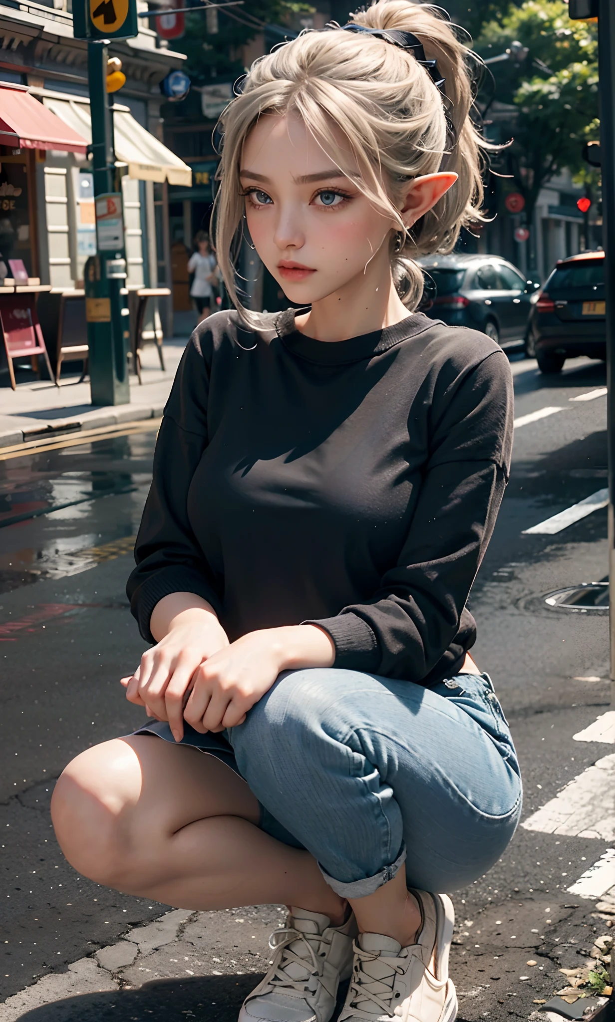 (raining day:1 silver-haired girl, Girl), tmasterpiece, best qualtiy, RAW photogr, realisticlying, the face, Incredibly Ridiculous res, Beautiful elf beauty,(Elf pointed ears),ear studs,Get wet all over, (Champagne-colored ultra-short hair,Half-tied ponytail), Sweatshirt,tiese,Half-leg jeans,standing on your feet,(Short black socks,Short black socks,Low-top canvas shoes),depth of fields, A high resolution, ultra - detailed, filigree, RAWE is very detailed, very detailed eyes and faces, Sharp pupils, realistic pupil, tack sharp focus, cinmatic lighting,full bodyesbian,Bigboobs,long leges,From the front side,Main street on a rainy day,dynamicposes,(Extremely normal body:2.0)