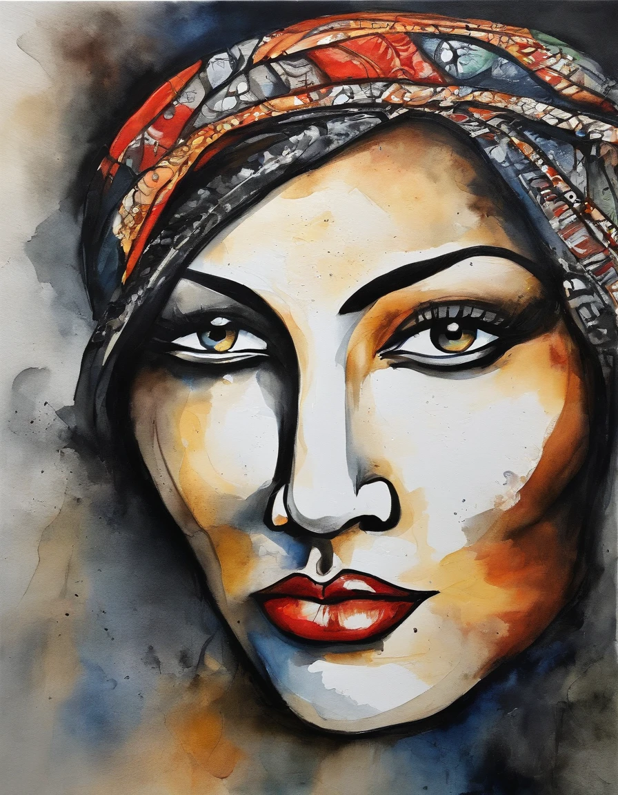 centered image. Oriental female face painting, on black background, Abstract face, Abstract portrait, Stylized face, pop art painting, Expressive facial details, Expressive female face, in the Picasso style, A pop art painting, Beautiful expressive painting, Detailed face of a Japanese woman, Detailed expression, in the Picasso style, cubism style