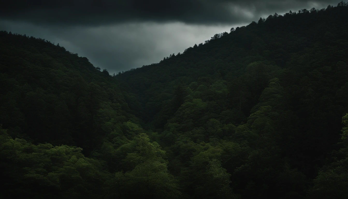 Crie uma imagem de uma casa mal assombrada no meio da floresta, dark, Dark forest with clouds in the night sky
