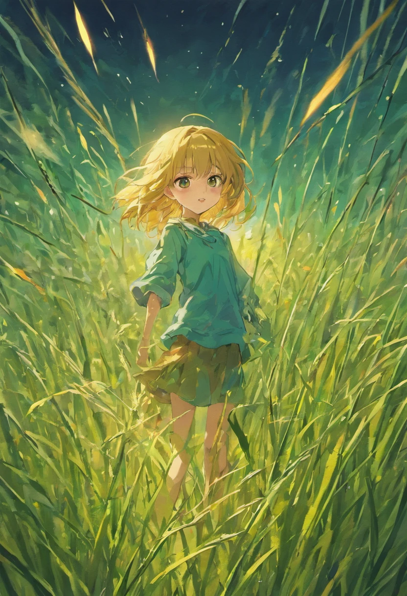 Midnight anime beautiful scenery, straw grass flies from wind