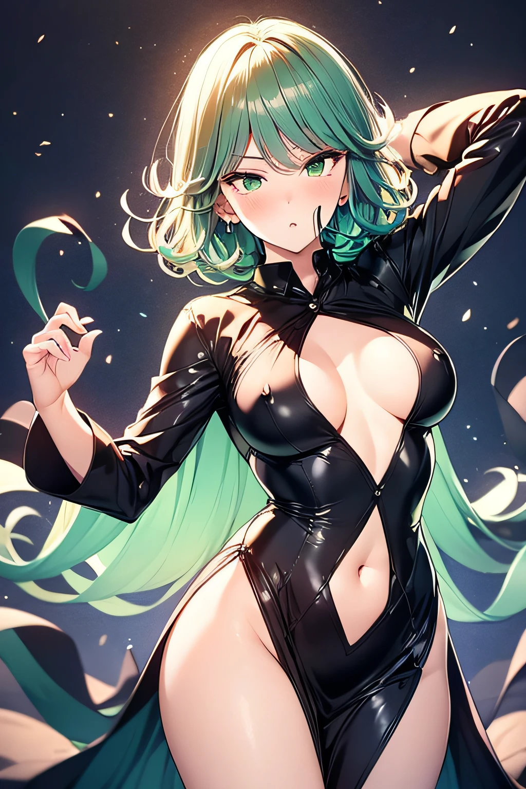 Tatsumaki, 1girl, solo, green eyes, green hair, breasts, small breasts, nipple protrusion: 2.0, curly, black dress, look at viewer, covered navel, simple background, long sleeve, dress, thighs, mouth closed, high leg, inverted hair, blush, bangs, short hair, medium hair, cowboy shot, highest quality, high resolution.