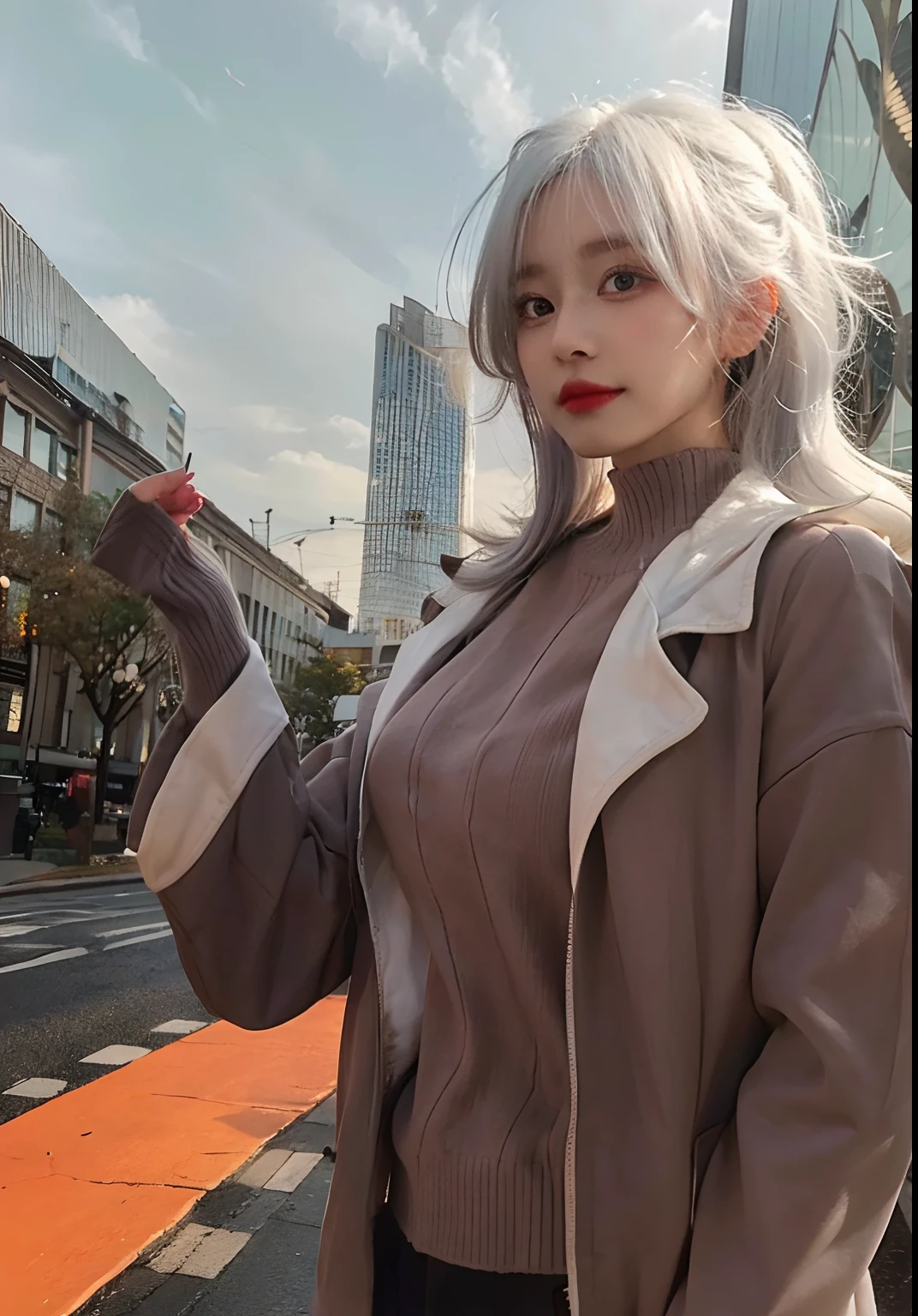 1girl, tail hair, white hair, sweater, transparant, realistic, ultra detail, 8k, 70mm lens