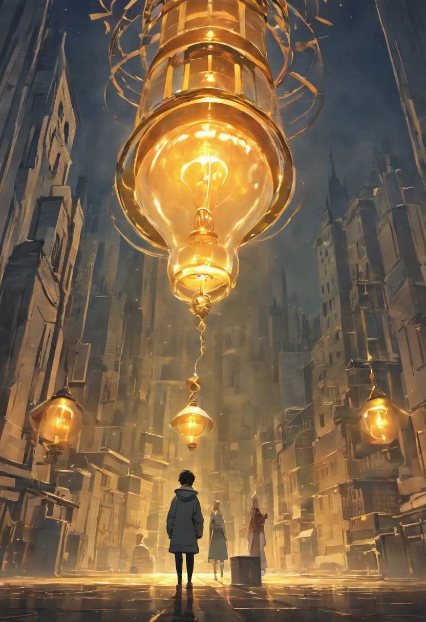 There are bulbs with buildings, bulb, Ambiente, bulb, Thomas Edson with his back to the image contemplating the lamp, Processamento de fotos, Foto conceitual detalhada, energia amarela, creative photo manipulation, Aeroichten, amazing photo, nice image, Artistic photography, Belas fotos, arte ambiental, Von Derek Zabrocchi, Beautiful image, luz suave natural, Von Arthur Tarnowski, sustentabilidade
