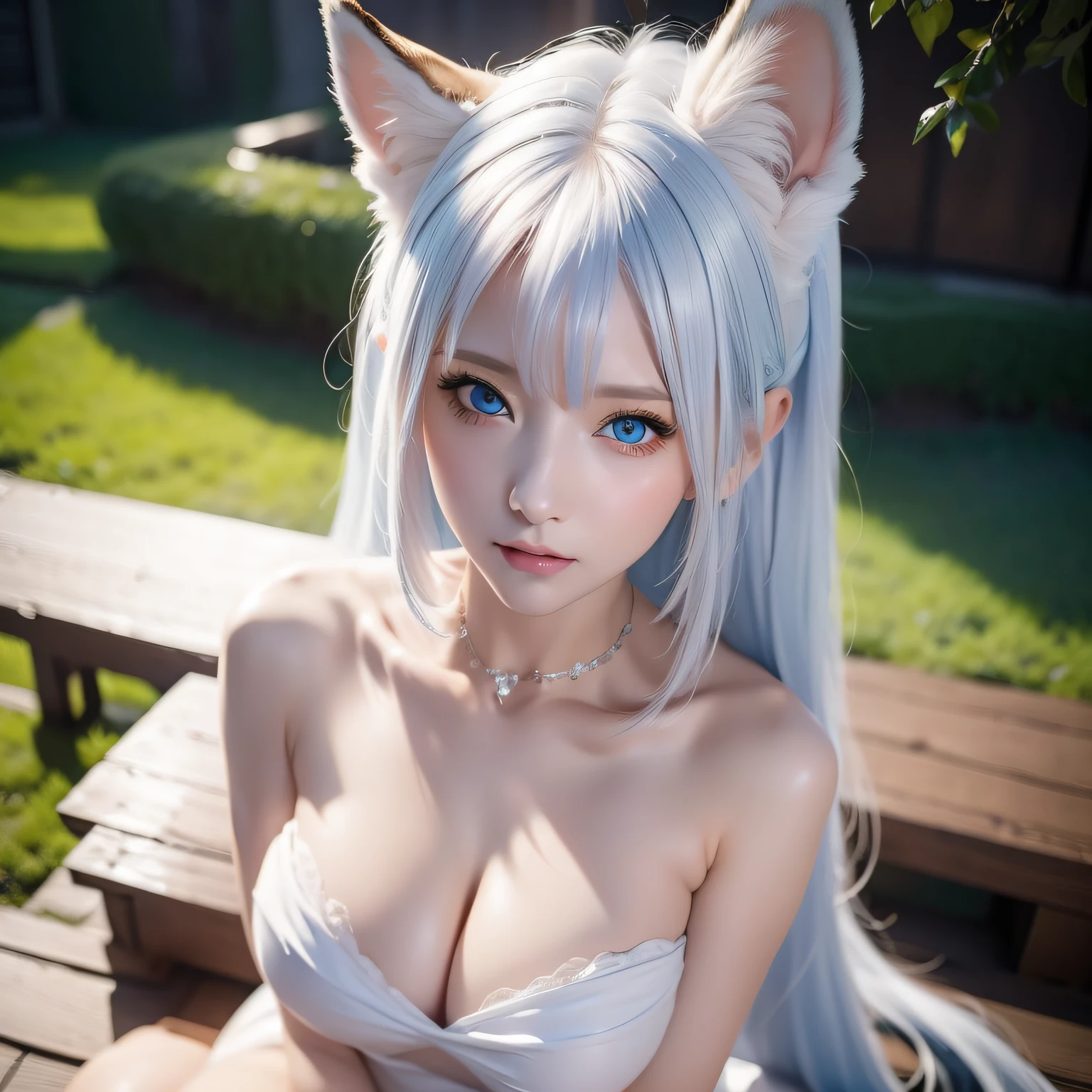 Full body, (Naked:1.5), Two Miss Fox Demons，Fox Devil Fox Years White Hair Girl，Sexy and feminine，Fluffy fox ears，fox tails，No ears，reddish tones，The beauty of fox ears alone，Cover chest，Clan Girl，Fox's eye，Enchanted，Charming，16 K， best qualtiy， tmasterpiece，  Raised sexy， Highly detailed face and eyes， professional make up，blue eyess ，， glow blue eyes，Pink-haired girl with fox ears、Camera angle from above、Looking here、