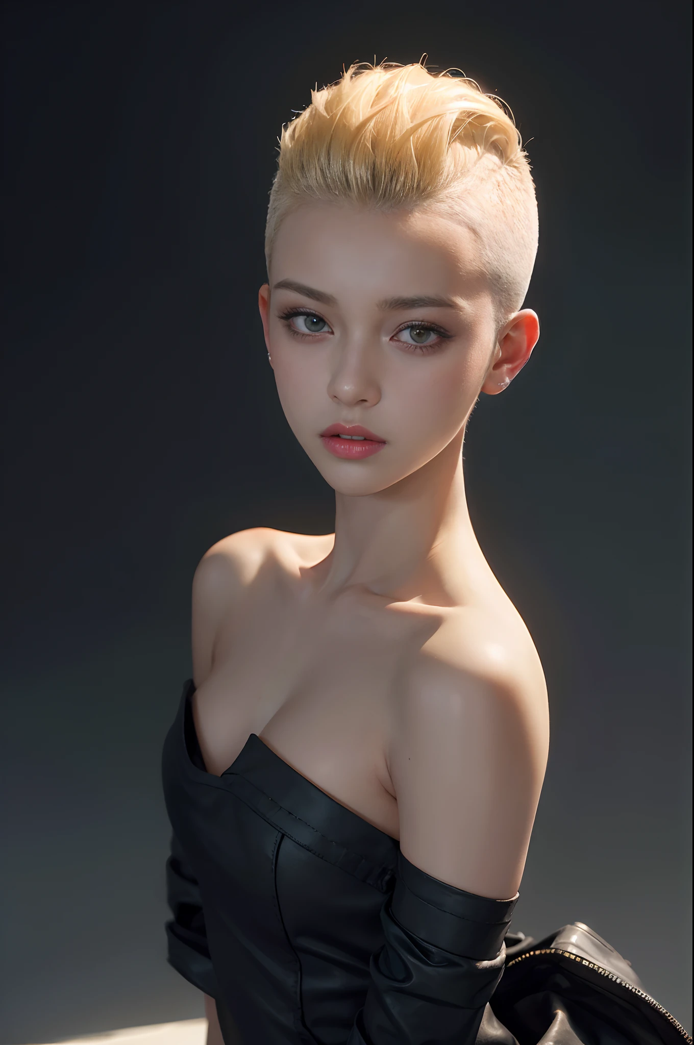 a 20 yo woman, blonde, (hi-top fade:1.3), dark theme, soothing tones, muted colors, high contrast, (natural skin texture, hyperrealism, soft light, sharp)