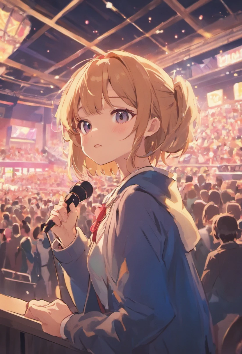 Reporter holds microphone, faz perguntas, The camera in the background, fans