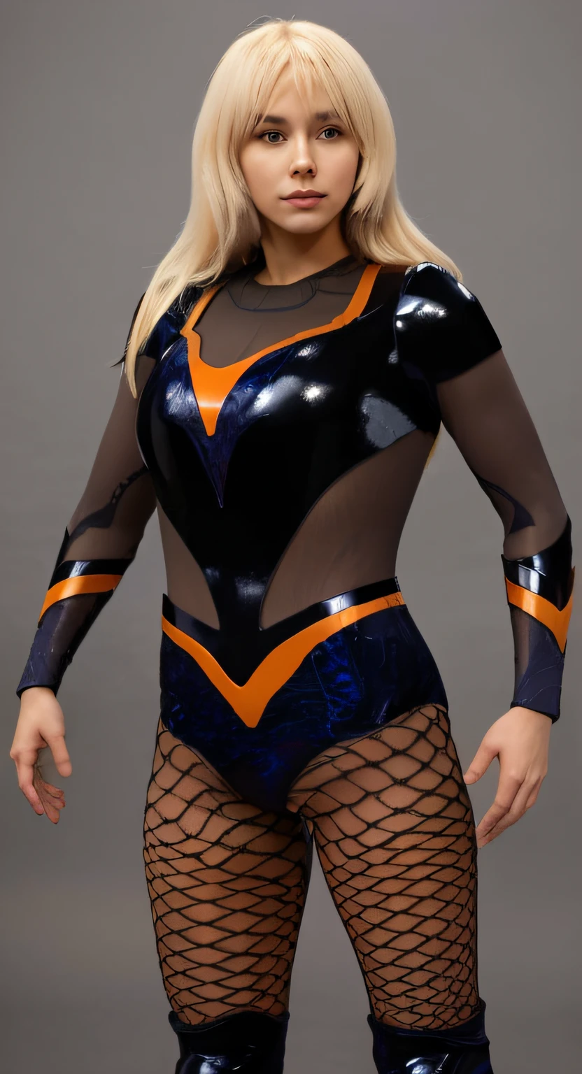 Une femme blonde avec des cheveux long et une frange, en tenue noire et orange posant pour une photo, hyper detailed, detailed body, dark blue leotard costume, energetic varia suit, tenue de catch, cyber suit, Combinaison Chrome,