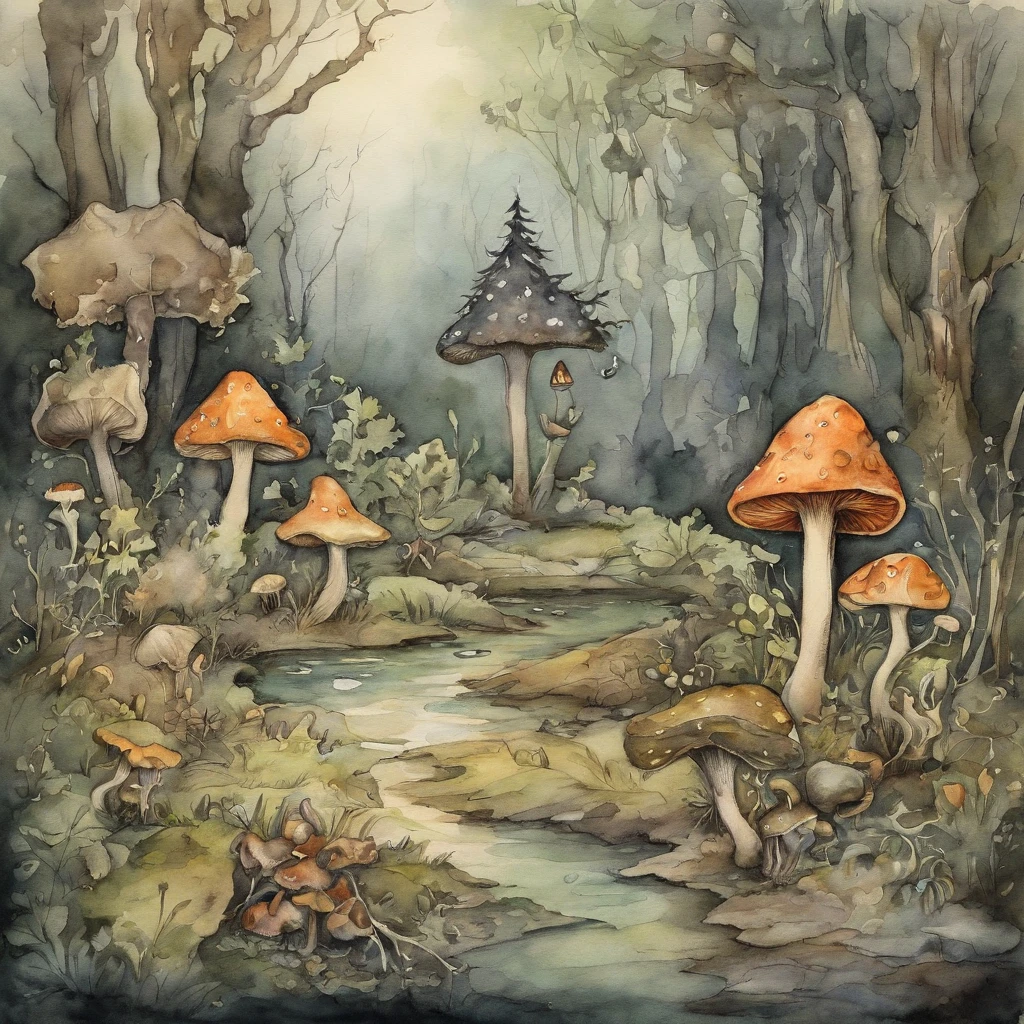 Arthur Rackham style illustration, watercolor, a witch, a frog, snails, plotting mischief, In the dark forest, strange mushrooms,