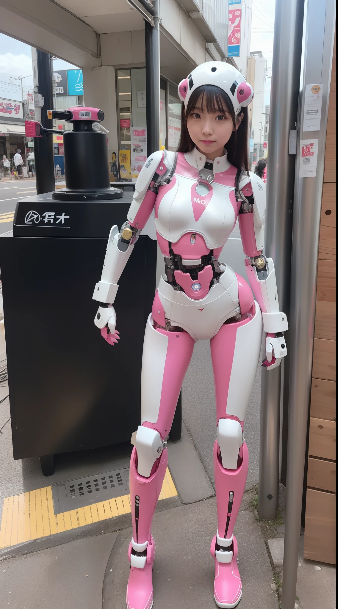 cyborgs, Pink, Silver, metalic, Robot Parts, Metal Parts, Super Detailed Face, Super Cropped Face, of the highest quality, a small face, Full body, Standing, Black hair, Thin, Camera gaze, Internal Mechanical Exposure, Idol, Live action,, 9 head body, gravure, Photo session, akihabara, Moe Pose, Frontal, Model body type, sad, Embarrassing,(Perfect Robot Girl),(Perfect machine body)