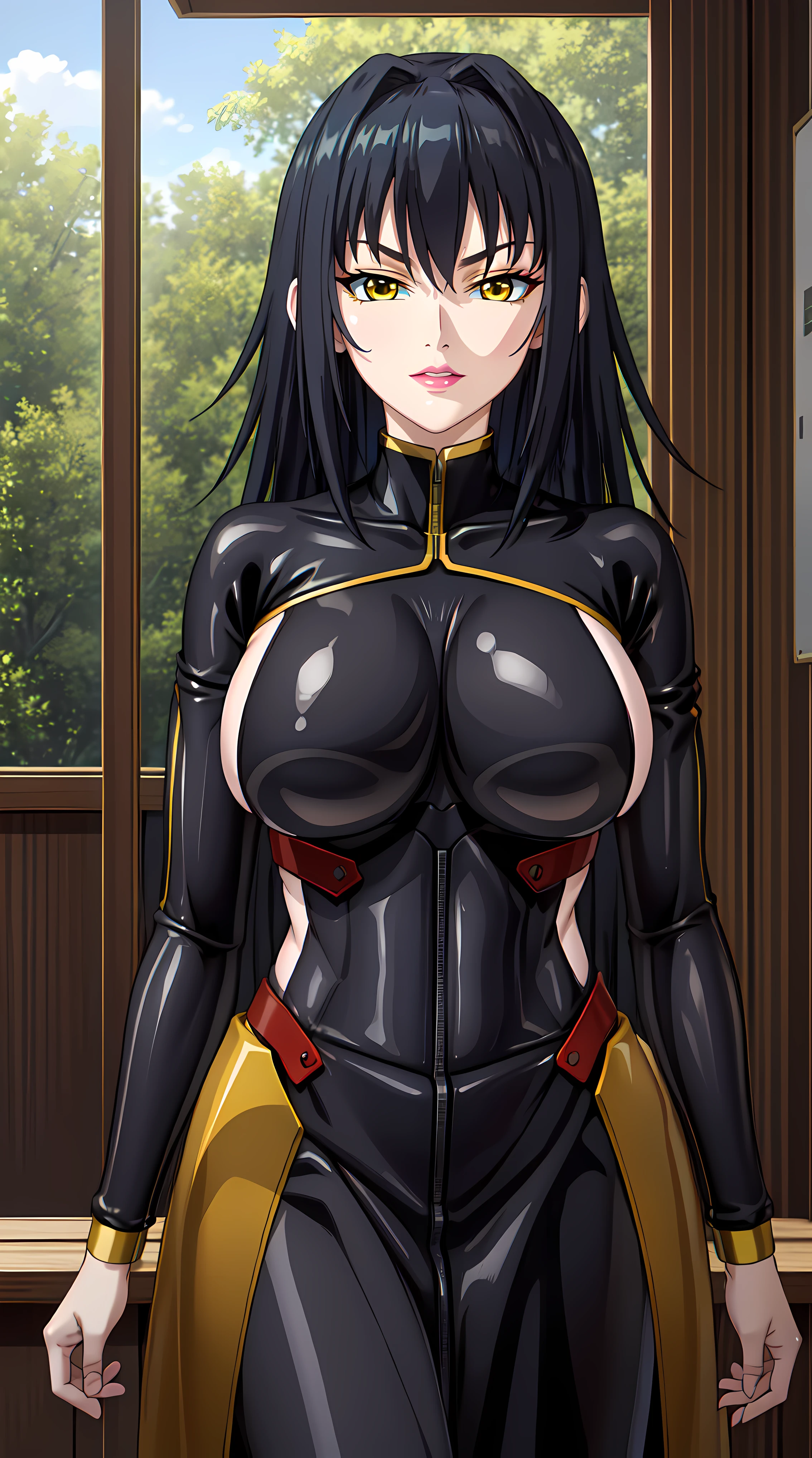 walking in forest at day background, trees, forest, (((smirk:1.5))),
Annerose, whispering, upper body, half body shot,
bodysuit latex, sideboobs, black outfit, front view,
 black_hair,yellow_eyes, long_hair, hair intakes,
1 girl, 35 years old,mature female,Beautiful Finger,Beautiful long legs,Beautiful body,Beautiful Nose,Beautiful character design, perfect eyes, perfect face, gorgeous body, sexy body,
looking at viewer, standing at attention,  (big_yellow_eyes:1.0),
NSFW,official art,extremely detailed CG 8k wallpaper, perfect lighting,Colorful, Bright_Front_face_Lighting,
(masterpiece:1.0),(best_quality:1.0), ultra high res,4K,ultra-detailed,
photography, 8K, HDR, highres, absurdres:1.2, Kodak portra 400, film grain, blurry background, bokeh:1.2, lens flare, (vibrant_color:1.2)
(Beautiful,large_Breasts:1.4), (beautiful_face:1.5),(narrow_waist),