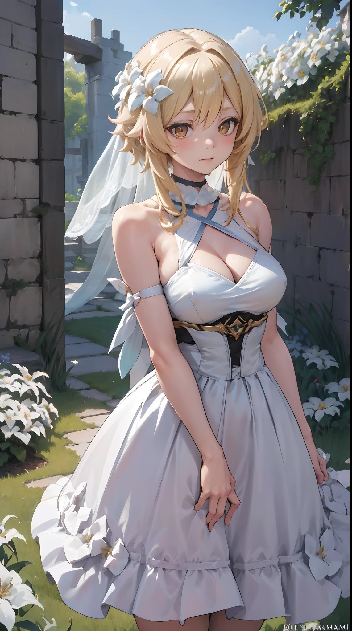 Lumine | genshin impact, master-piece, bestquality, 1girls,25 years old, proportional body, proportional., long-haired, Wedding Dresses, White Wedding Dress, Long skirt, mediuml breasts, ,bara, choker, Standing in the middle of a flower garden, outdoor, The sky is beautiful, arm behind back, against wall, View viewers from the front., Thigh strap, Head tilt, bored, 10, 10, HD, slight smile,
