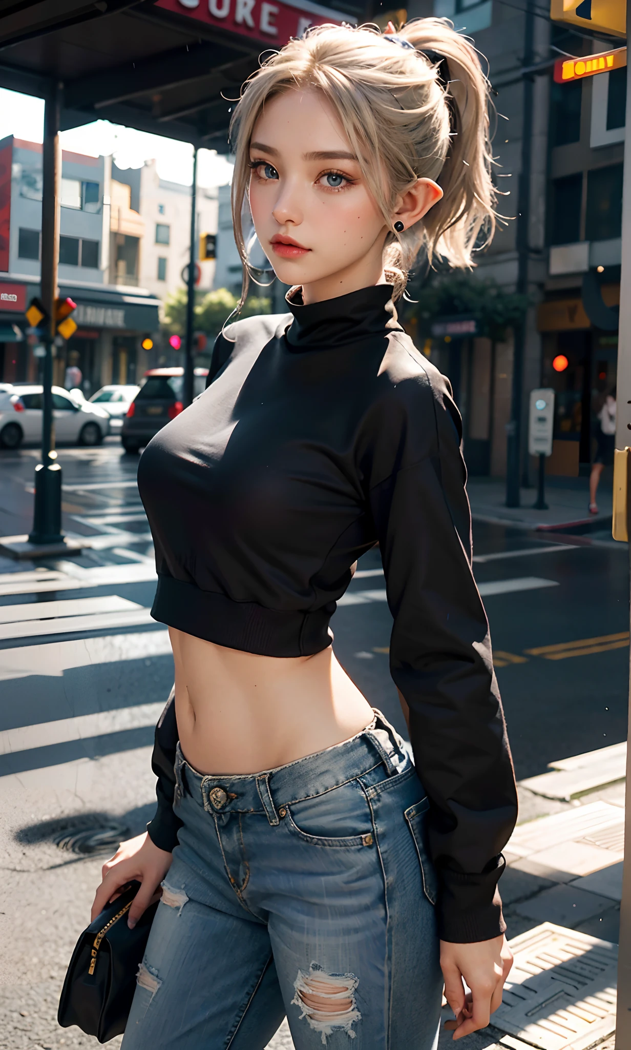 Android18 from dragon ball Z, blonde, bobcut hair, sexy black clothes, tight clothing, erotic tones, vibrant colors, high contrast, (natural skin texture, hyperrealism, soft light, sharp), sexy, exoosed breast, mini skirt, spreading kegs, sexy pose