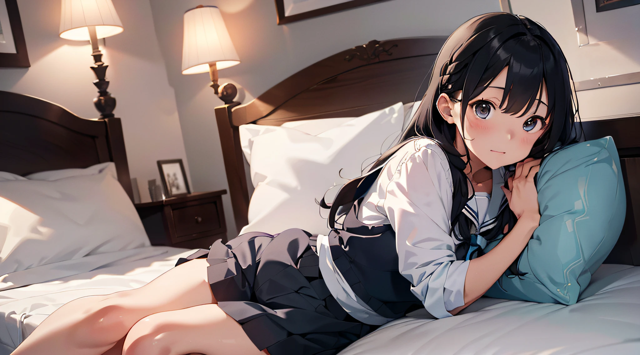 (masterpiece、top-quality)perfect anime illustration、Young girl 1、cute face、innocent smiles、Glossy skin、White blouses、skirt by the、Pet Cats(black cat)、stroking、Living room at home、sofas、natta
