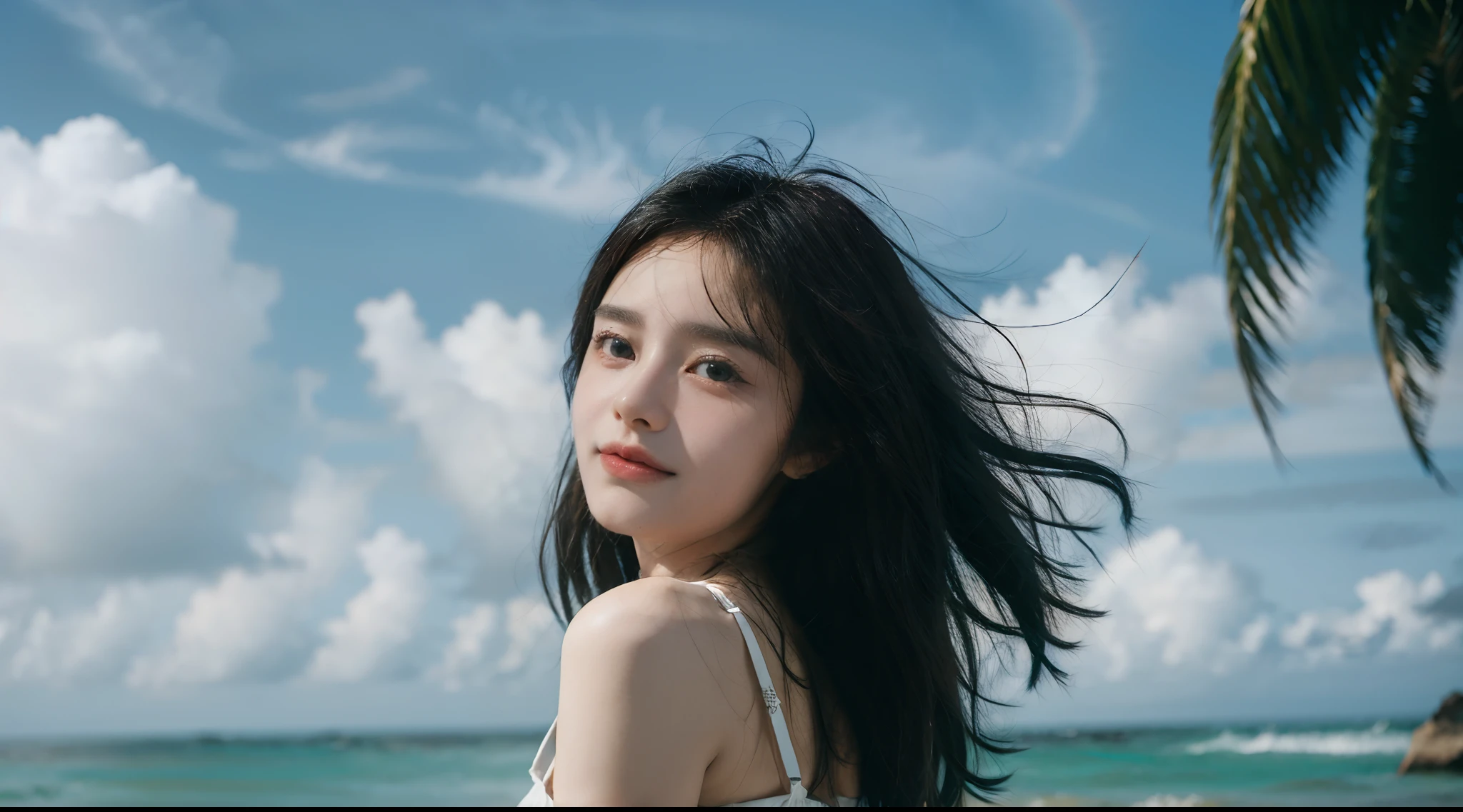 Beautifull waist, 17-year-old Croatian girl, Casual style, blue-sky, Seafront,Large subtropical palm trees, Smile, Cute. Lovely whole body, hazy_light_Background with,colourfull. highly detaild, 8k, digital painting, Popular on Pinterest, Harper's Bazaar(Harper's Bazaar)(Harper's Bazaar(Harper's Bazaar)), concept, fine art, Sharp focus,asian girl,dolphin,Rainbow Sky_Background with