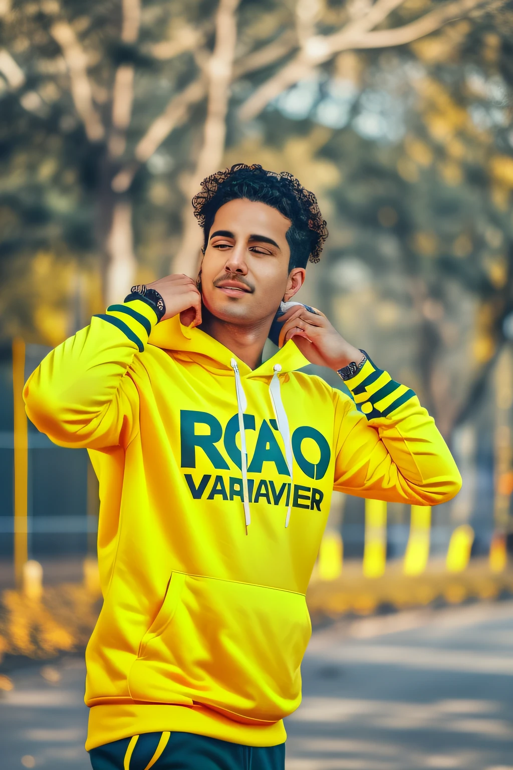 araffe man in yellow hoodie standing on street with trees in background, wearing a yellow hoodie, portait photo profile picture, wearing hoodie, wearing sweatshirt, hoodie, candid picture, candid photography, wavy hair yellow theme, profile photography, wearing a hoodie, stylish pose, portrait mode photo, wearing a hoody, cool pose, with a cool pose