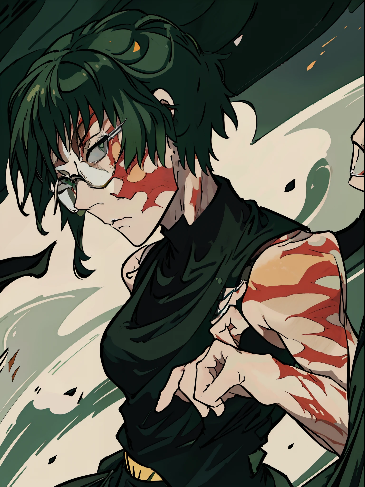 zenin_maki, glasses, bangs, dark green hair, dark green eyes, jujutsu_uniform, scars on body, muscular, short hair, smirk