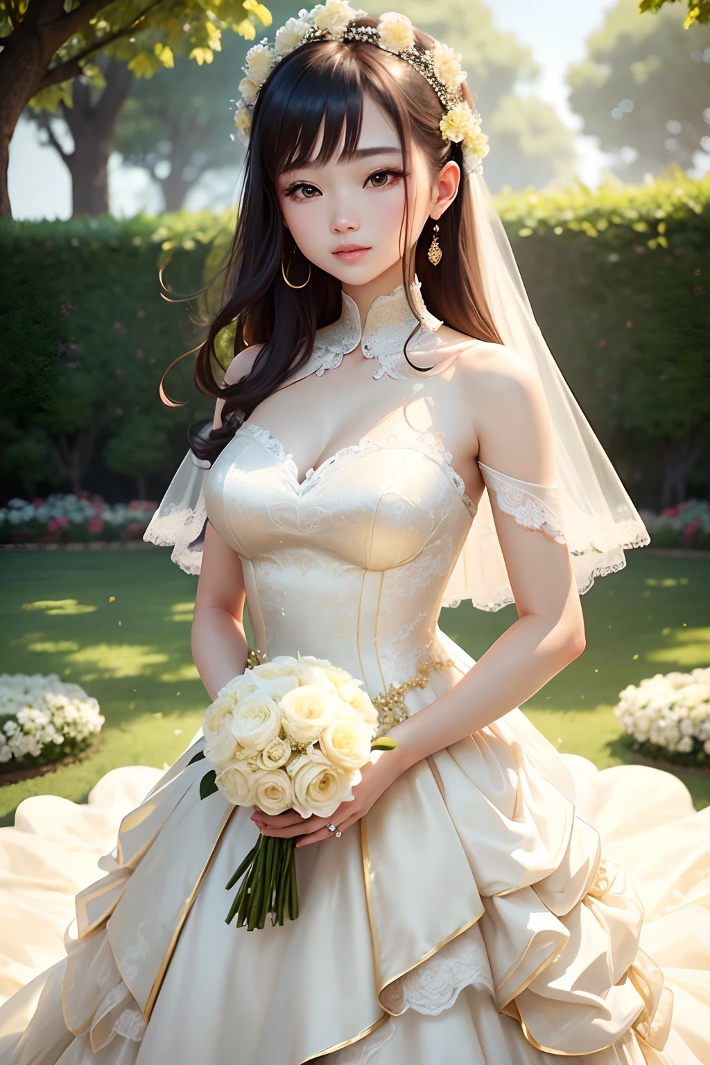 1girll、Clear fingers、Wearing a golden wedding dress、Raised sexy、Glamorous、Flowers in hand、The wedding dress pattern is clear、Beautiful girl,The background is on the beautiful wedding lawn