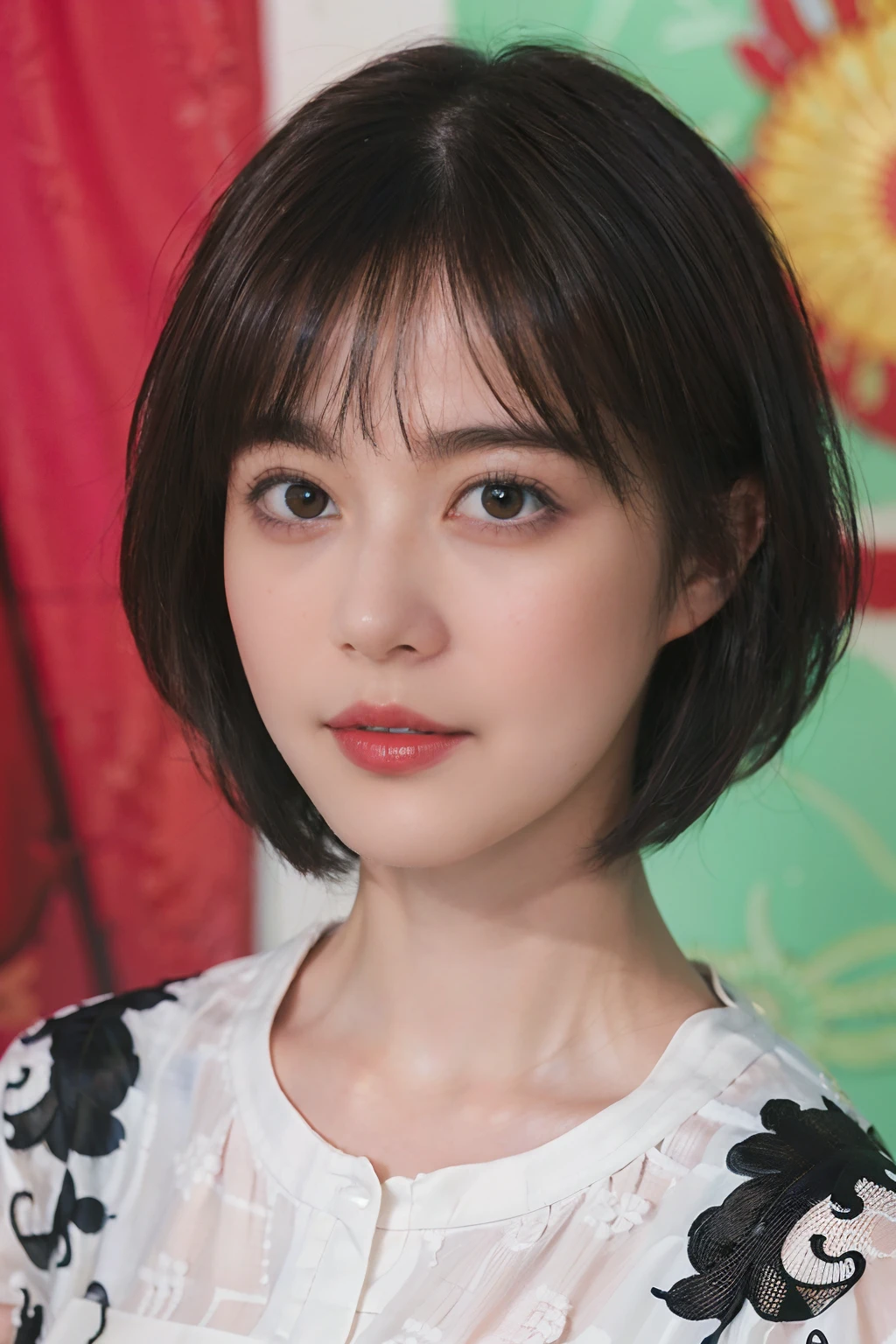22
(Shorthair:1.3), (a 20 yo woman), (A hyper-realistic), (Masterpiece), (8KUHD), Focus on the face, (The walls of the room are fractal art:1.23), 
Graphic T-shirt with anime characters printed