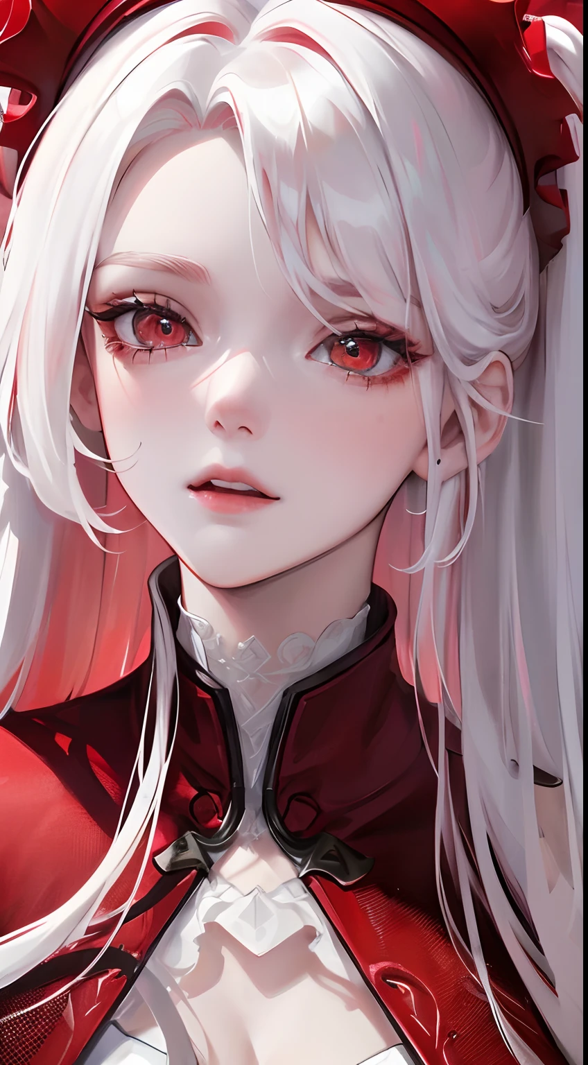 a beauty girl,red color eyes,red pupils,Long white hair,Hyper-Resolution,accuracy,detail render,(Delicate facial portrayal)(Fine hair portrayal)(highest quality)(Master masterpieces)(High degree of completion)(a sense of atmosphere)tmasterpiece,Super detailed and super detailed(half-body portrait)