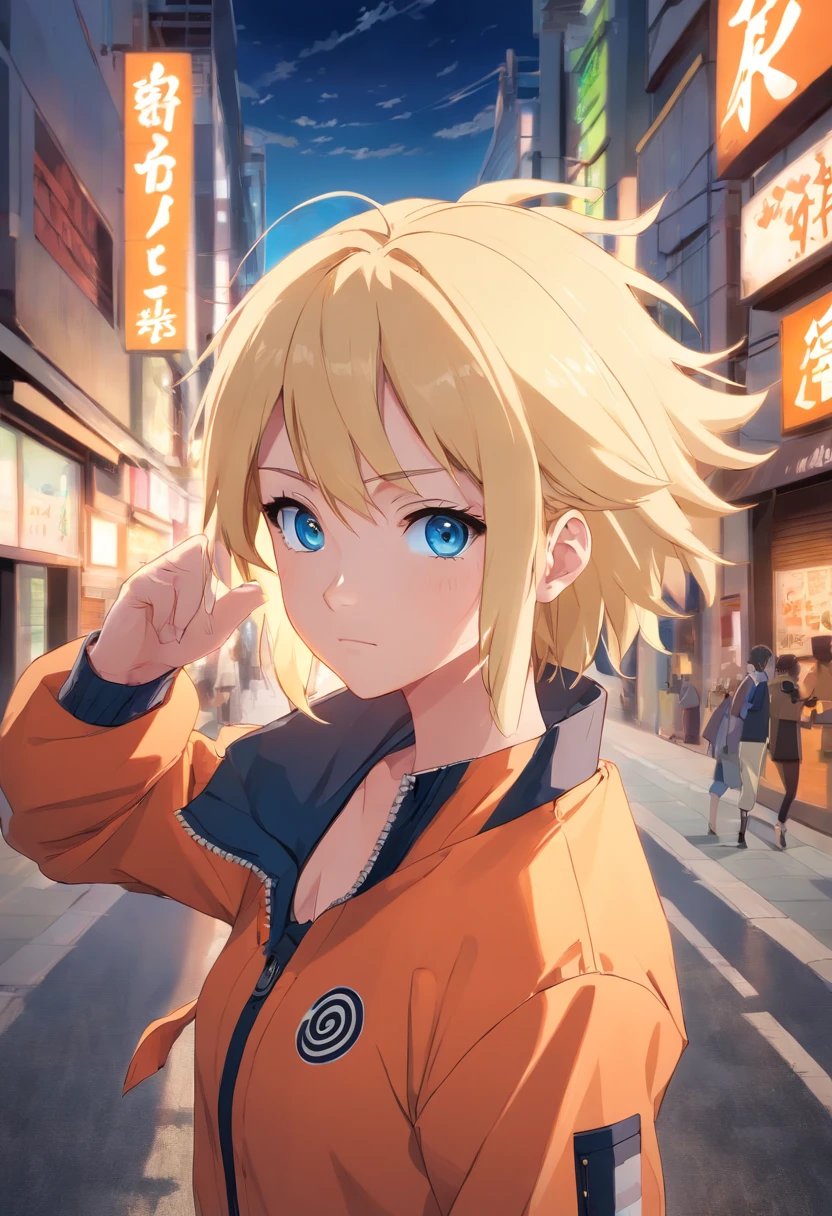Naruto, blonde hair, blue eyes, orang jacket