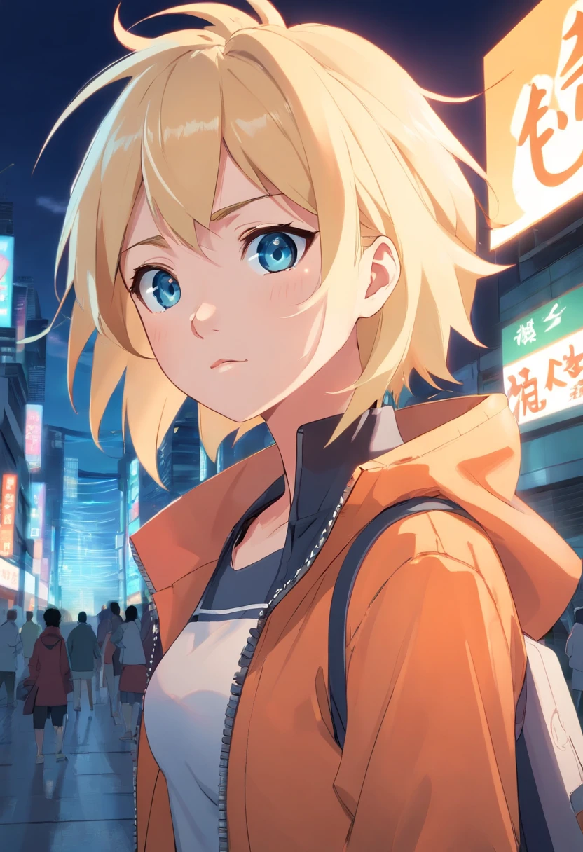 a pregirl, Blonde hair, Red eyes, rain, Looking down, Smile, teardrop,blue color eyes,grievance,Love, Blue raincoat, Hood up, Town,In the daytime,The protagonist stands out 0.6
